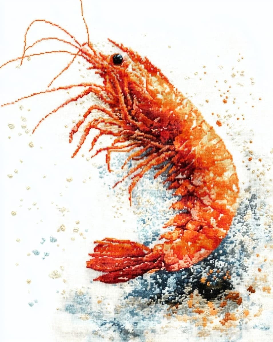 WallustrioaW Embroidery Cross Stitch Kits for Beginners,Shrimp Animals,Stamped Embroidery 11CT Needlework Kit DIY Artwork for Adults Girls Wall Decor,16x20in