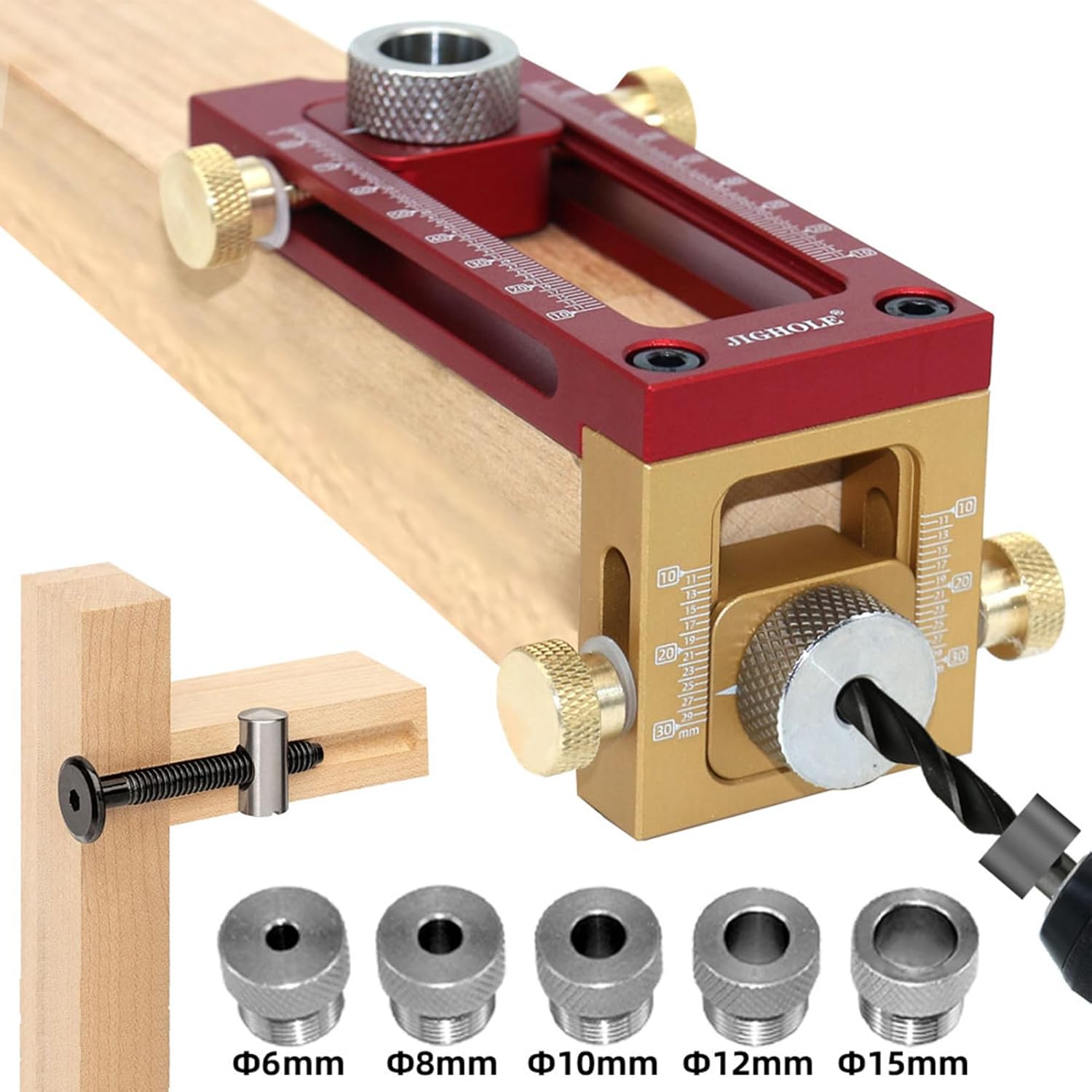 Screw Jig 2 in 1, Cabinet Screw Punch Locator, Drill Locator, Pin Fixture Woodworking Hole Drill for Woodworking Drilling Holes, 5-Hole 6/8/10/12/15mm Bit Set