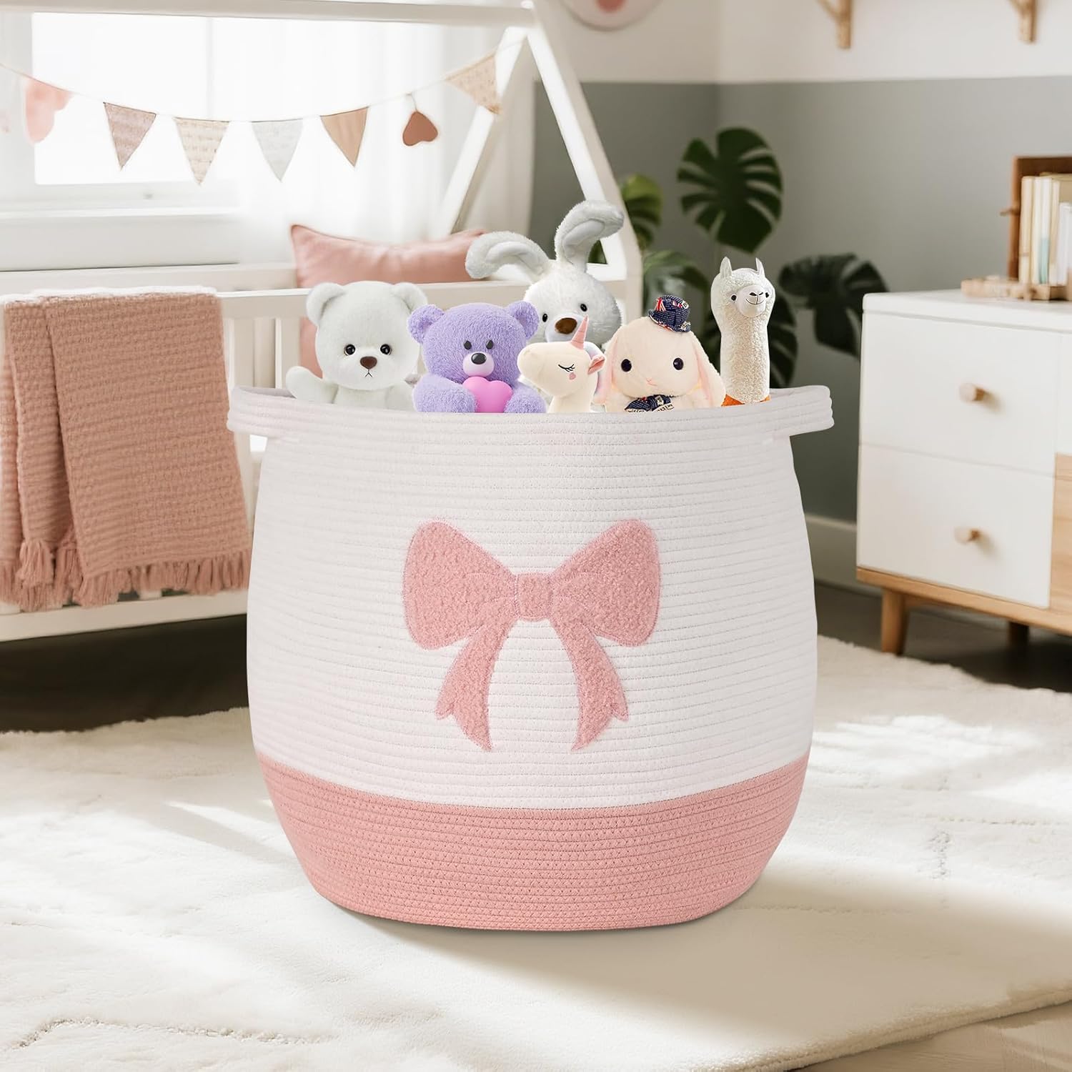 Large Baby Laundry Basket, Pink Laundry Hamper for Baby Girl, Toy and Blanket Storage Basket, Cotton Rope Baskets for Organizing 17"x15.7" - Image 6