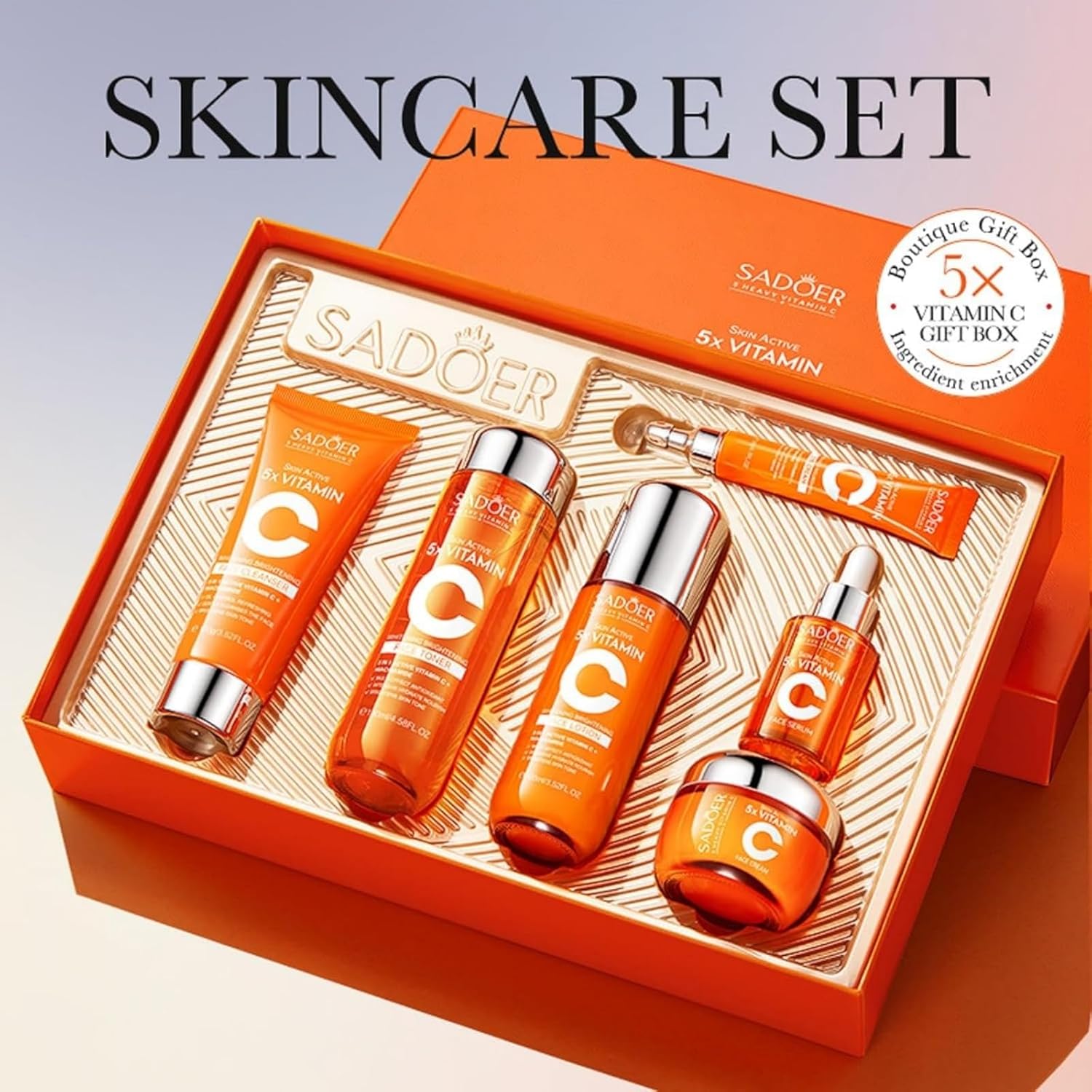 For SADOER 5X Vitamin C Facial Skin Care Gift Box Set,Face Treatment Collection,Skin Care Sets Kits,Cleansing Moisturizing Skin Care,Contains cleansing lotion toner facial creams eye creams serum