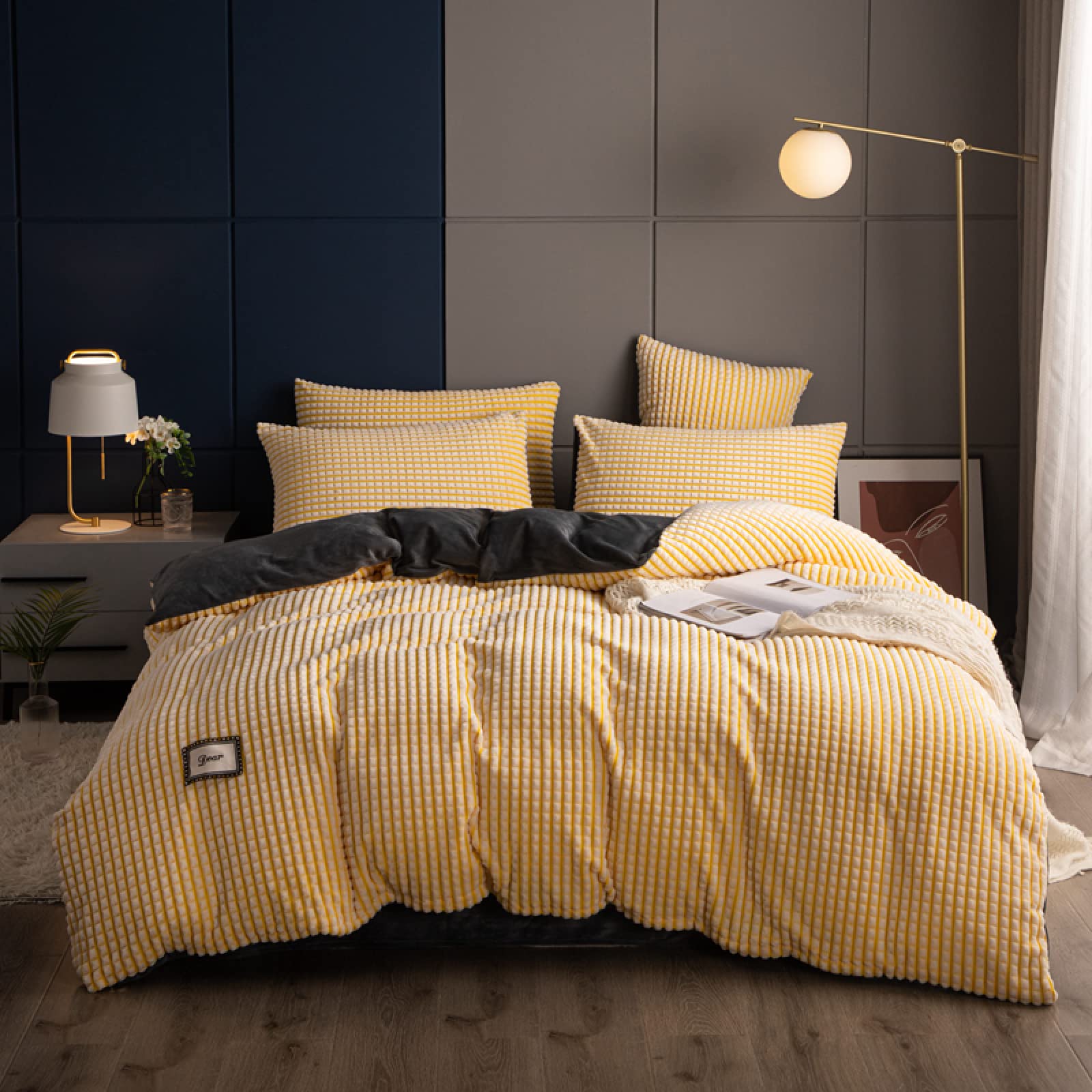 Housse de couette respirante flanelle ultra douce parure jaune avec ses 2 taies