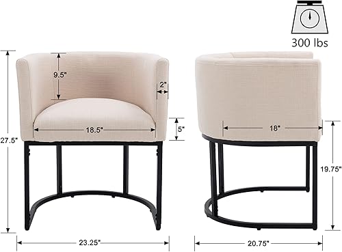 Miniatura 2 de VESCASA Silla de comedor tapizada de lino con respaldo de barril, silla acolchada moderna de mediados de siglo con marco de metal negro para cocina,
