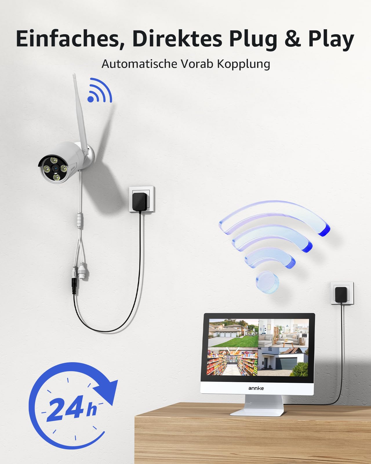 ANNKE 3MP Überwachungskamera Set Aussen WLAN mit 12''Monitor, 10CH 4K Wireless NVR mit 4 Pcs 3MP WiFi Kameras, 2-Wege-Audio, Personenerkennung, 24/7 Aufnahme, 30M Nachtsicht für Aussen, Innen, 1TB HDD