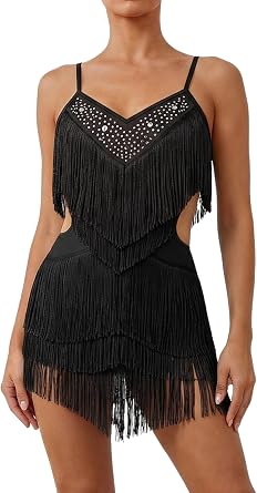 AFAVOM Latin Salsa Dance Dress for Women Rhinestones Fringe Tassel V Neck Spaghetti Straps Samba Ballroom Party Dance Outfits