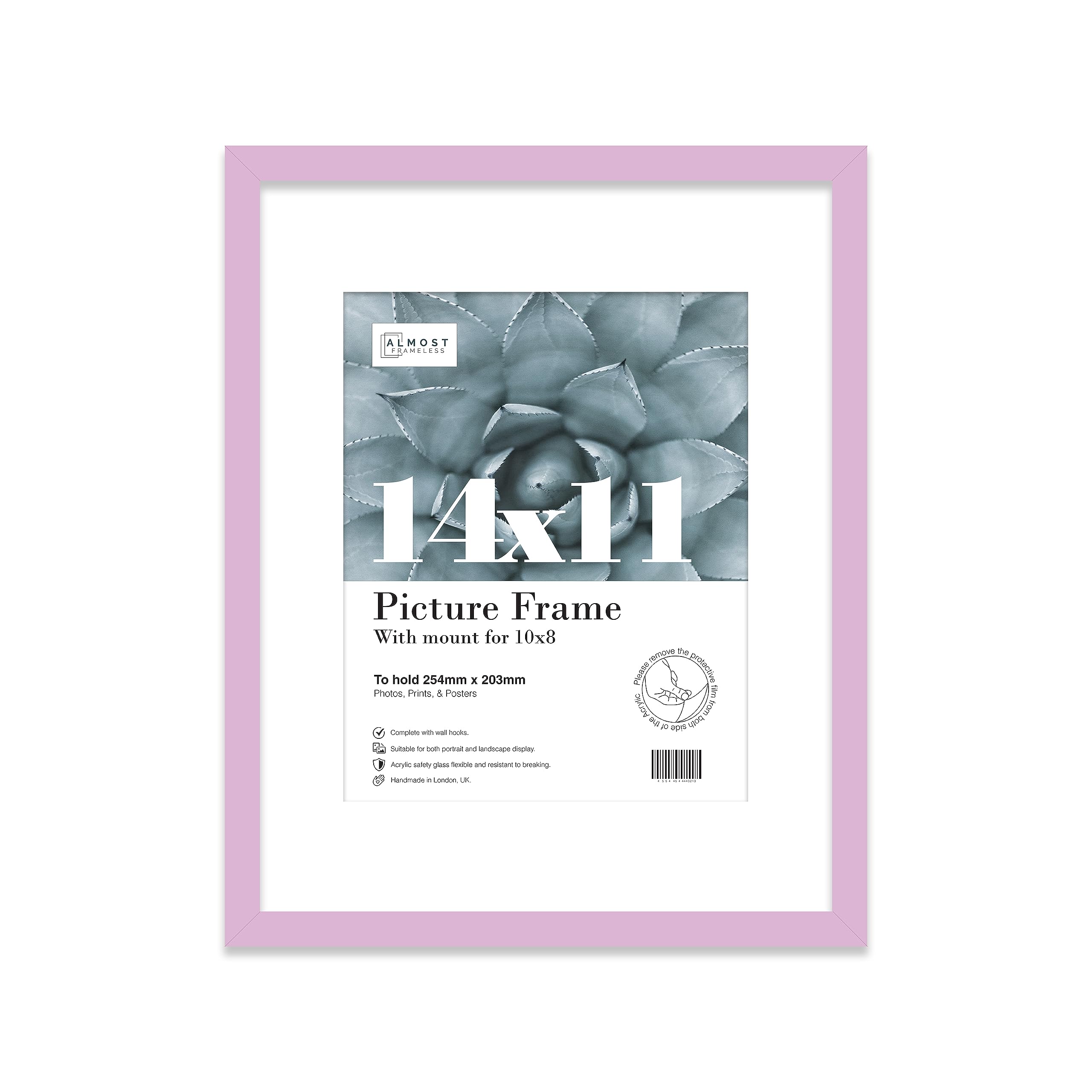 Almost Frameless 14x11 Lilac Picture Frame With Mount for 10x8 Print, Poster or Photo Poster, Photo, Artwork, or Print. Thin Edge Slim Frame Portrait and Landscape Display with Wall Hooks