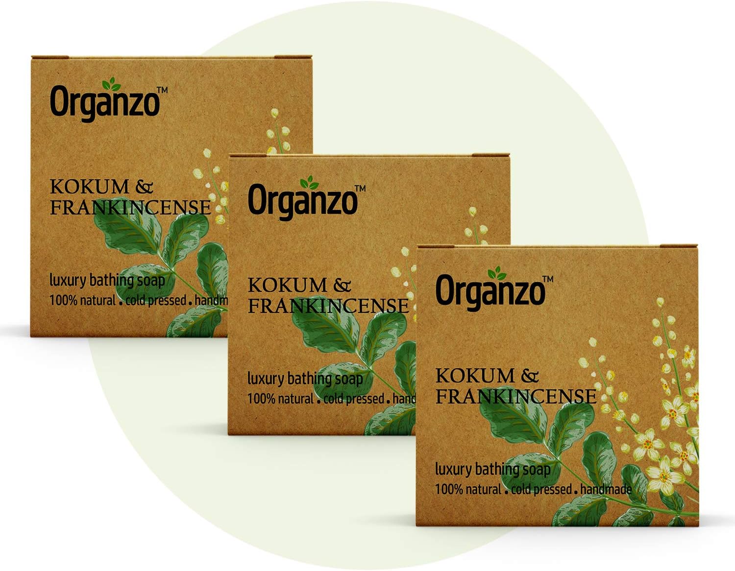 Organzo Organic Natural Hand Made Luxury Bathing Soap with Kokum Butter & Frankincense Chemical Free, Cold pressed Paraben Free SLS Free 100gm (Pack of 3)
