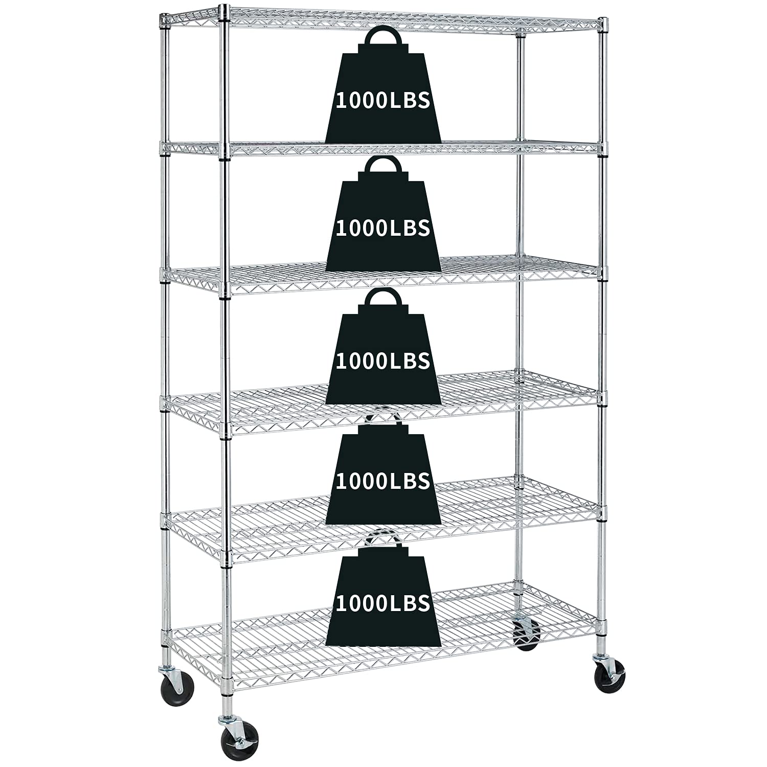 HCYGarage Shelving, (78x48x18) Inch Metal Shelves 6 Tier Wire Shelving Unit Adjustable Heavy Duty Sturdy Steel Shelving Rolling Cart with Casters for Pantry Garage Kitchen (Chrome), HC-6250-Chrome-N