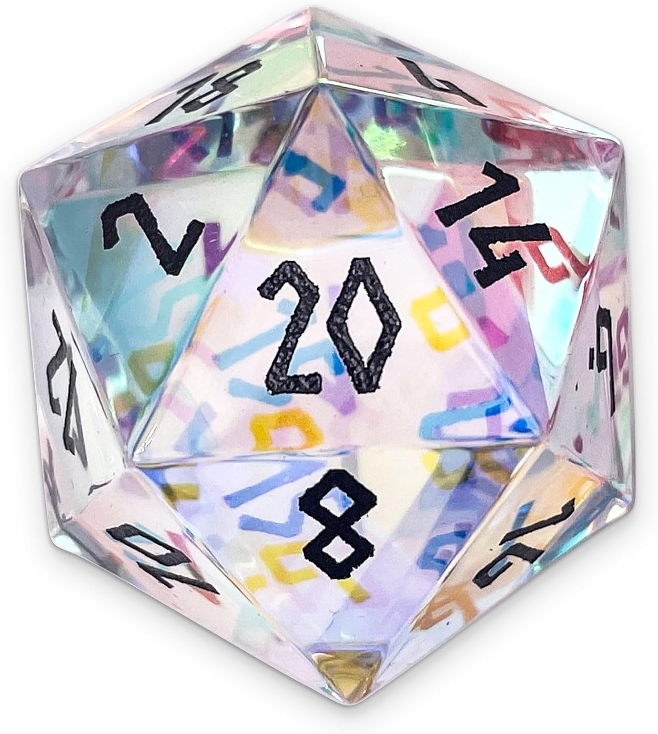 Norse Foundry Shattered K9 Rainbow Glass D20 Dice - 30mm Hand-Carved Boulder® - Gold Font for Tabletop Roleplaying Games - Premium K9 Glass with Hypnotic Fractured Colors