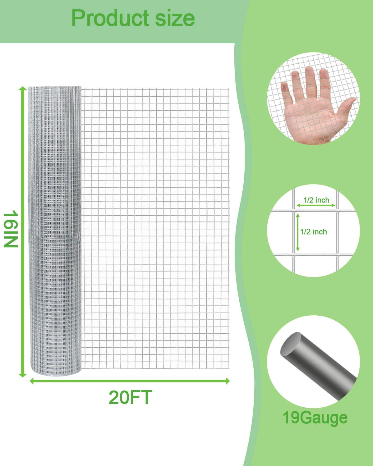Tela de hardware de 16 pulgadas x 20 pies, calibre 19, malla de alambre soldada galvanizada en caliente, acero de bajo carbono, red de alambre para jaula de animales, malla de alambre de jardín