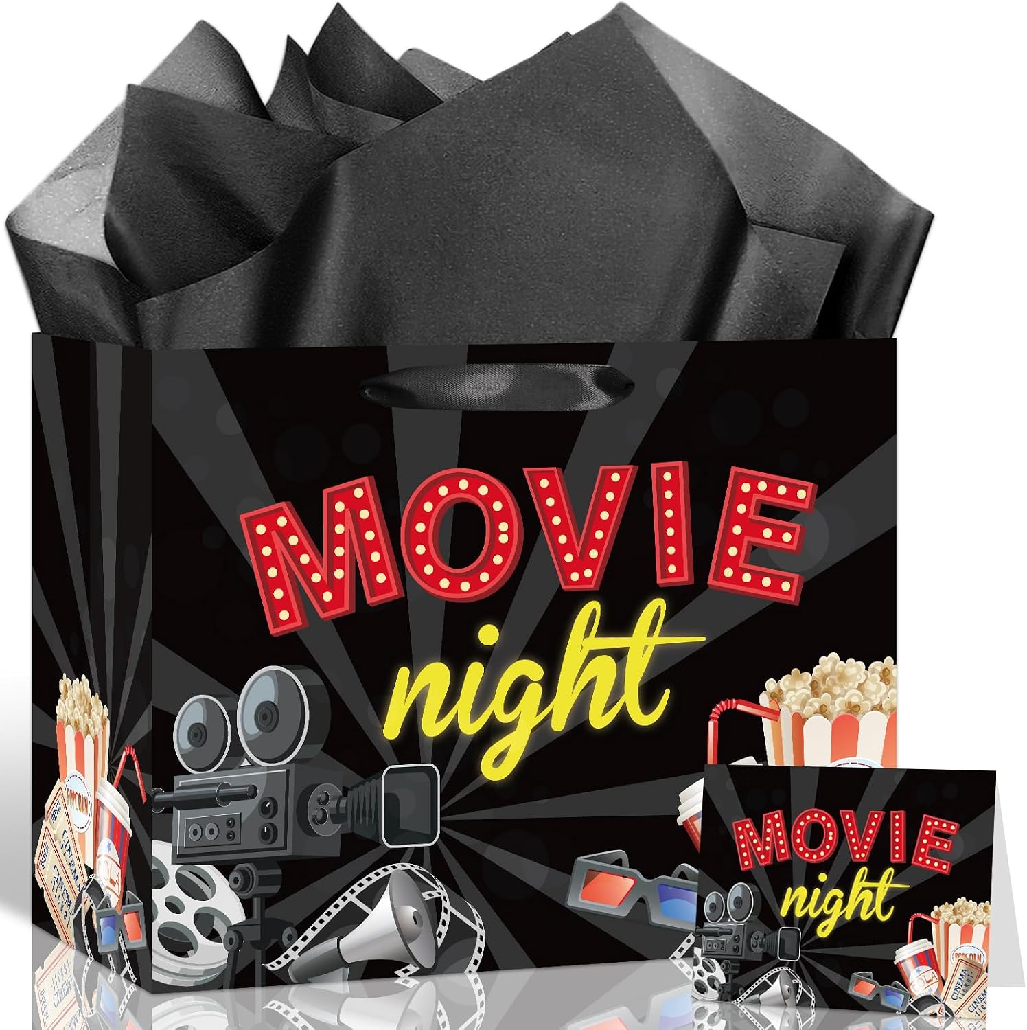 Woosytoo Movie Night Gift Bag Cinema Birthday Theme Wrapping Bag with Black Tissue Paper - Popcorn Film Reel Party Favor Sack for Kids Adults Birthday Red Carpet Movie Theater Decorations
