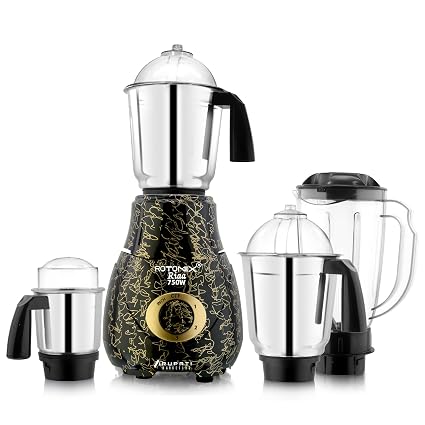Rotomix New Excellent Model RIAA 750-Watts Mixer Grinder with 3 Stainless Steel Jars and 1 ABS Juicer Jar (Dry Jar, Chutney Jar, Liquid, Juicer Jar) Gold-Black