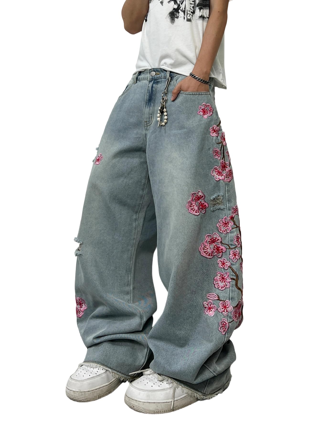 Men's Hip Hop Baggy Jeans Embroidered Wide Leg Skater Jeans Loose Fit Denim Pants Streetwear