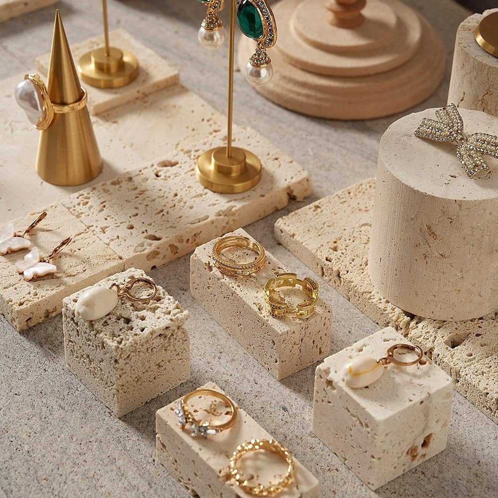 Schmuckaufbewahrung Schmuck-Display-Set aus Travertin und Metall-Organizer | Ringhalter-Vitrinendekor