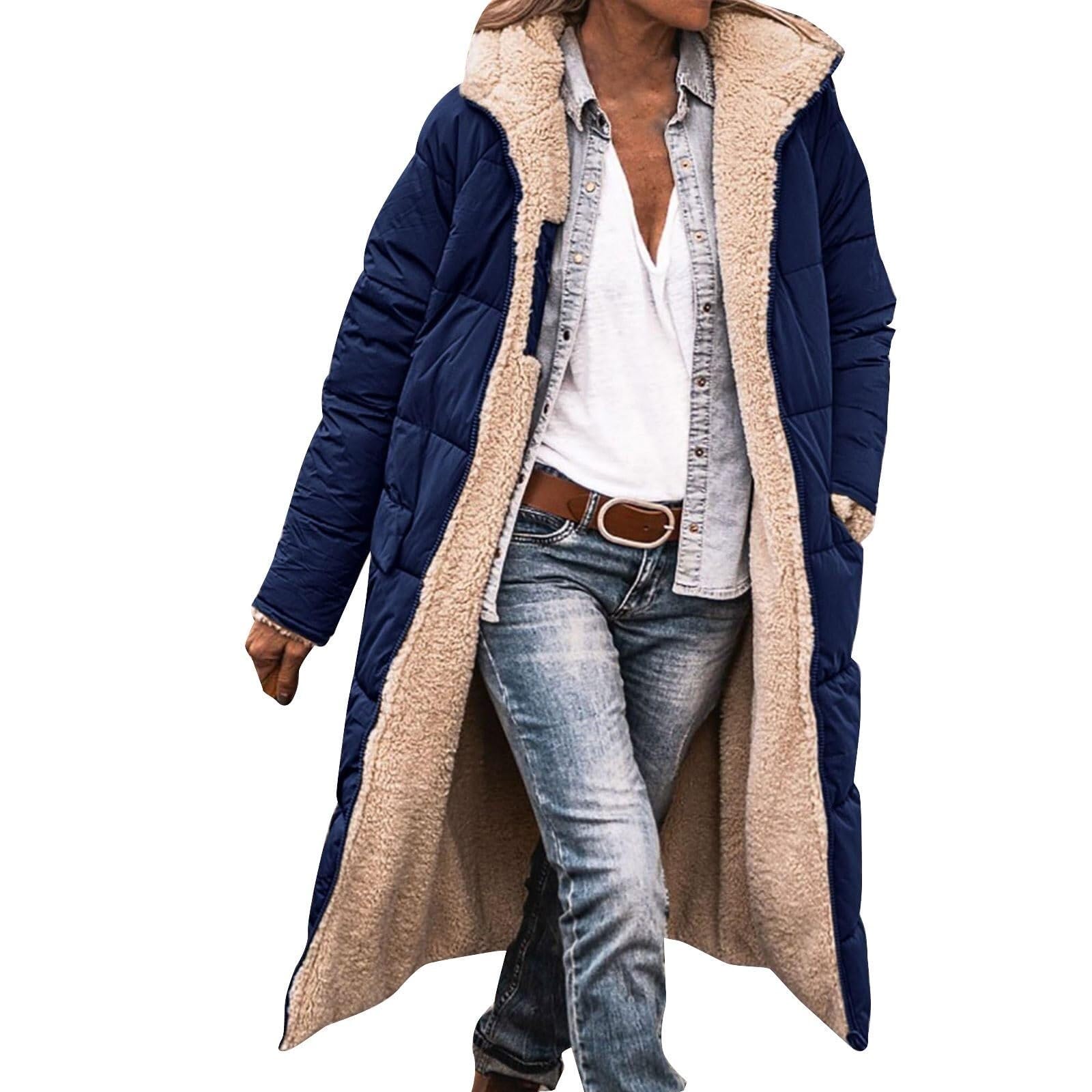 Lockenstab Women's Navy Winter Coats For Uk Fleece Lined Warm Outerwear Padded Puffer Jackets Quilted Down Coat Full Zip Hooded Longline Raincoat Jacket(,Medium)