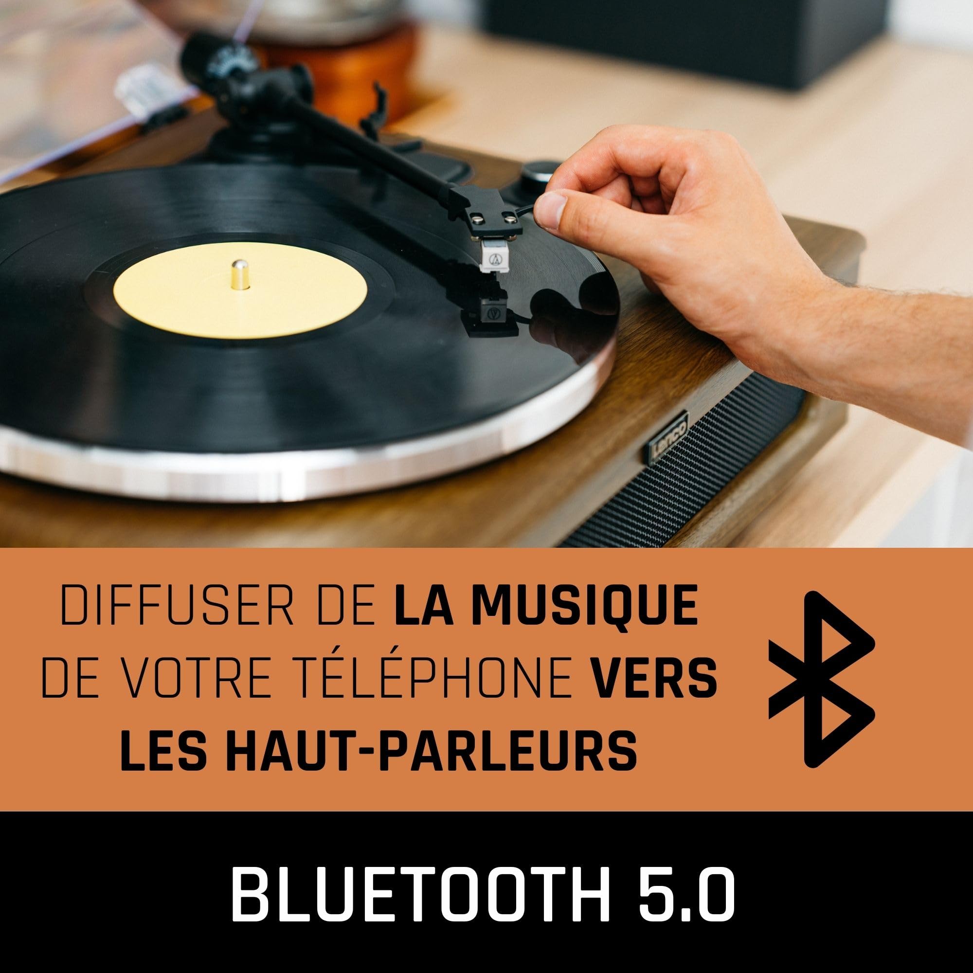 Lenco LS-410WD - Vinyle, Platine Vinyle, Tourne Disque, Lecteur Vinyle, Bluetooth - 33 et 45 - Cellule AT-3600 - 40 W RMS - 4 enceintes intégrées - Préamplificateur - RCA - AUX - Bois