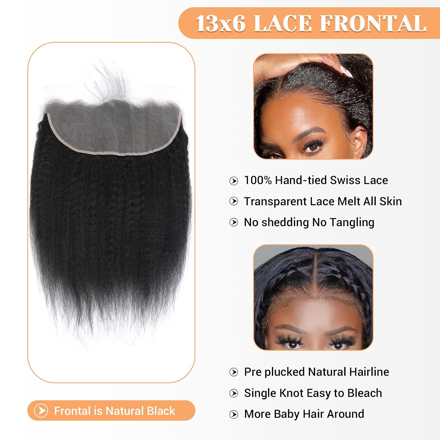 HD Lace Frontal 13x6 Transparent Ear to Ear Kinky Straight Frontal Human Hair 100% Unprocessed Virgin Lace Closure Human Hair Pre Plucked with Baby Hair 150% Density 12 INCH