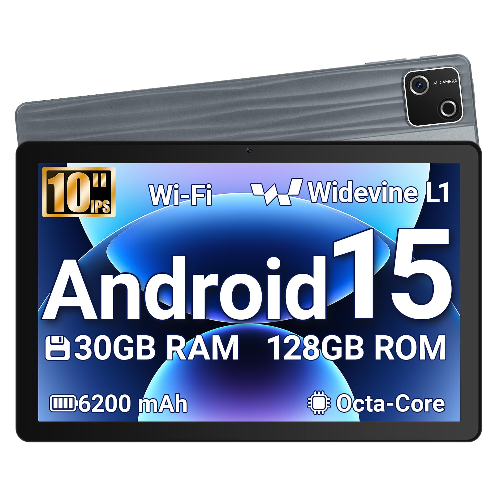 Vekoy Tablet 10 Pollici Android 15 Certificato GMS, 30GB RAM + 128GB ROM (2TB TF), Octa-Core, 6200mAh, 1280x800 HD, WiFi 6, BT 5.3, Widevine L1, Fotocamera 5MP+8MP, Tablet PC, Grigio – 2026 - 2