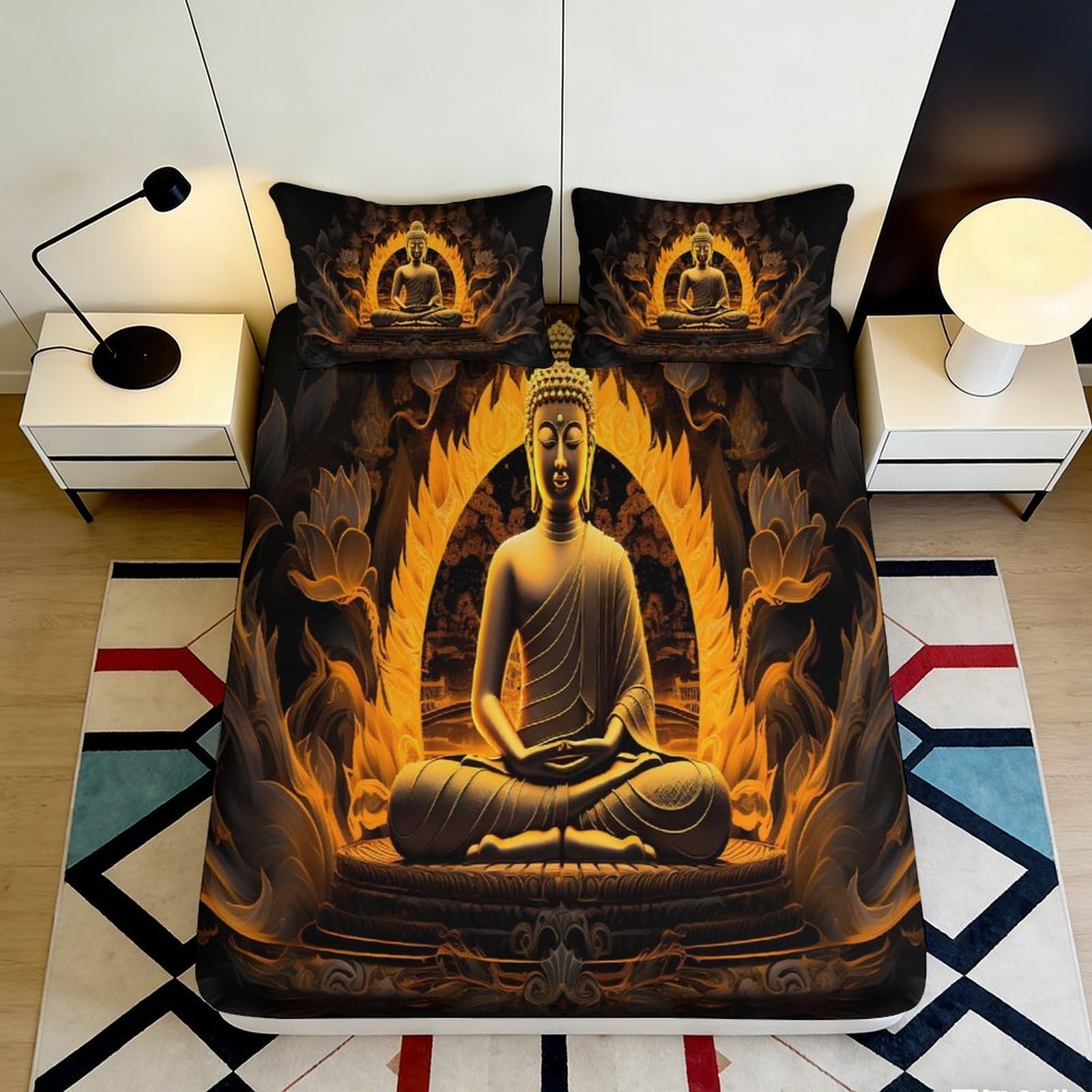 Pnayamiorkfel Style-2 3D Printed Golden Buddha Fitted Sheet Microfiber Soft Breathable Lotus Bed Cover For Bedroom Dorm Decor 90X200x25cm