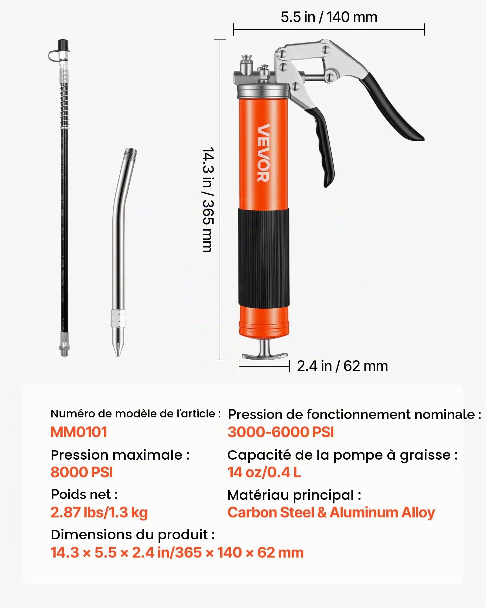 VEVOR Pistolet à Graisse Manuel 551 Bar Pistolet Graisseur à Poignée Capacité 0,4 L pour Machines Automobiles Agricoles Industrielles, Tuyau Flexible 45,7 mm Tube d'Extension Rigide et 1 Buse Pointue