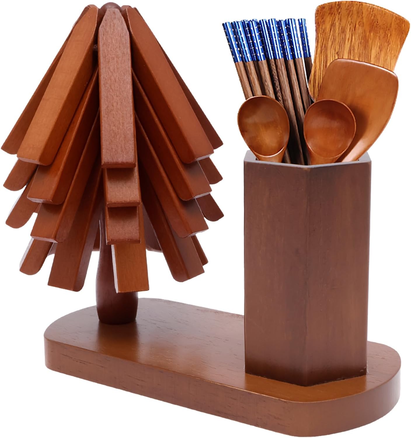 Wooden Tree Trivet with Utensil Holder,Natural Foldable Black Walnut Wooden Trivet Set, Heat Resistant Tree Shape Set Protects Desktop for Hot Dishes Pot Bowl Pan Teapot(Dark Brown,Style 2)