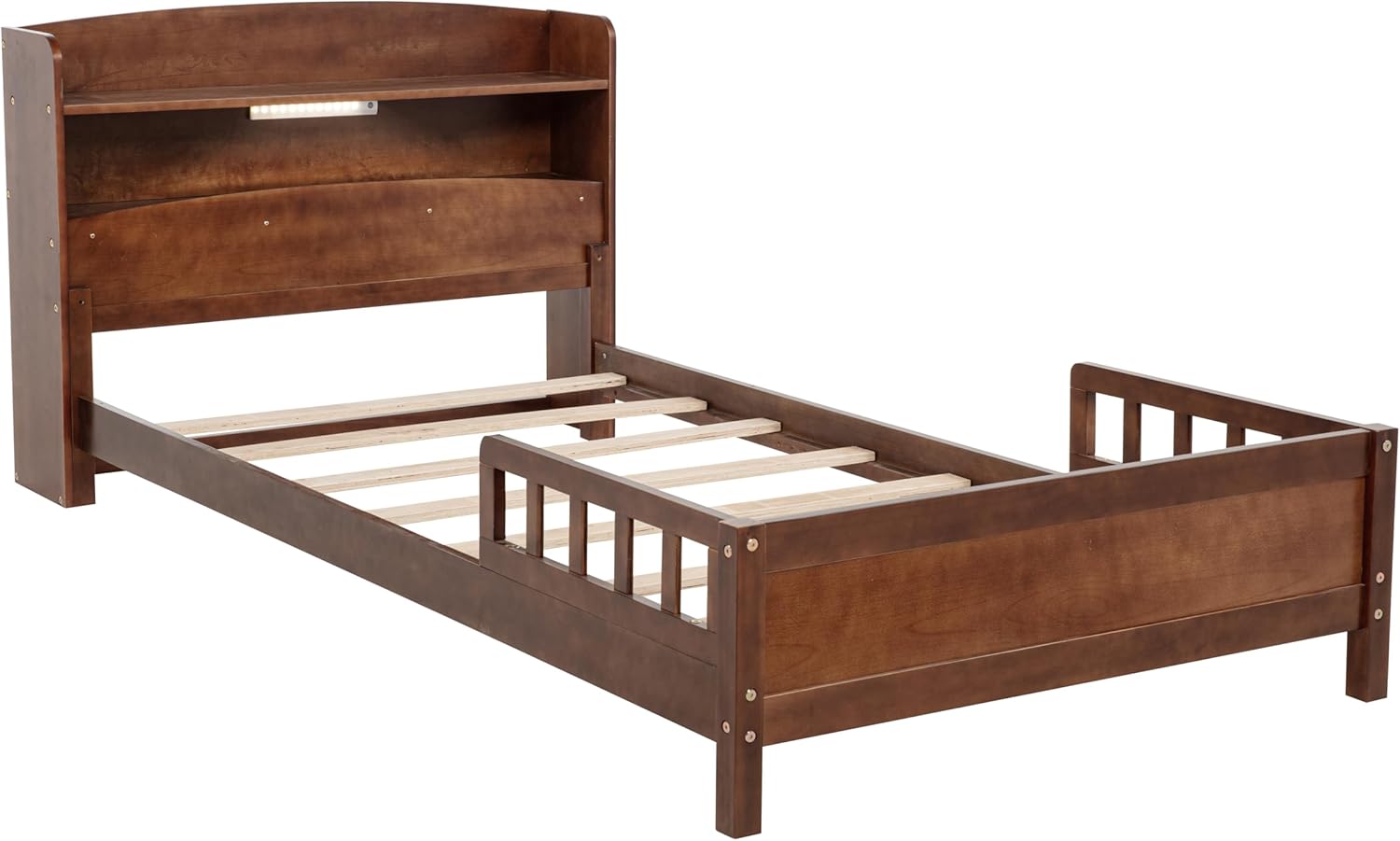 Full Bed Frame with Flexible Rails, Wood Low Platform Beds with Storage Headboard & LED Motion Sensor Light and Slat Support for Boys Girls Teens, No Box Spring Needed, Full Size Platform Bed, Walnut