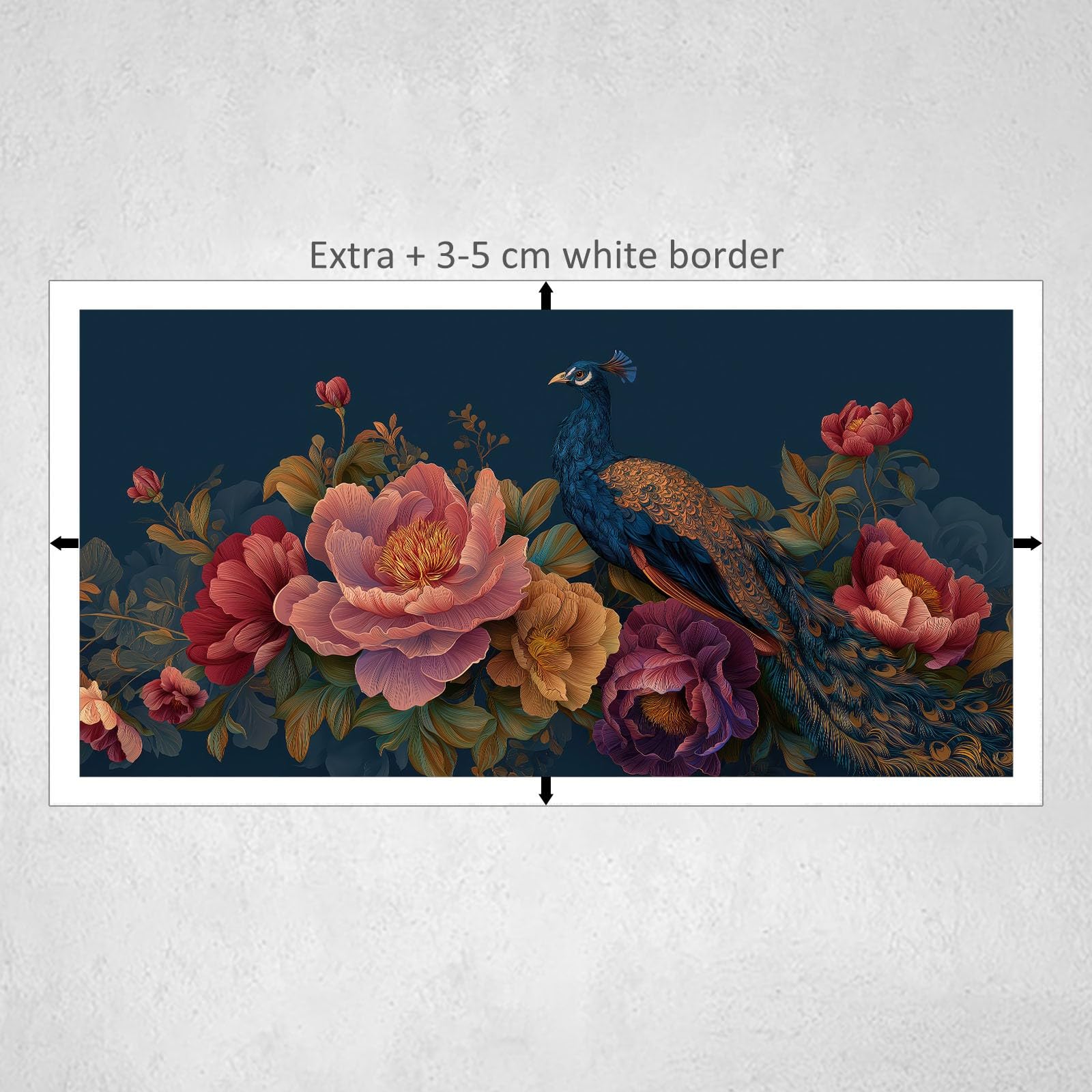 Botanisch Pfau Floral Kunst Modernes Leinwandbild 100L x 75B cm mit Rahmen, Dunkelblau Vintage XXL Wanddeko für Wohnzimmer Geschenk Idee Einzug - Hochwertiger Kunstdruck auf Holzrahmen