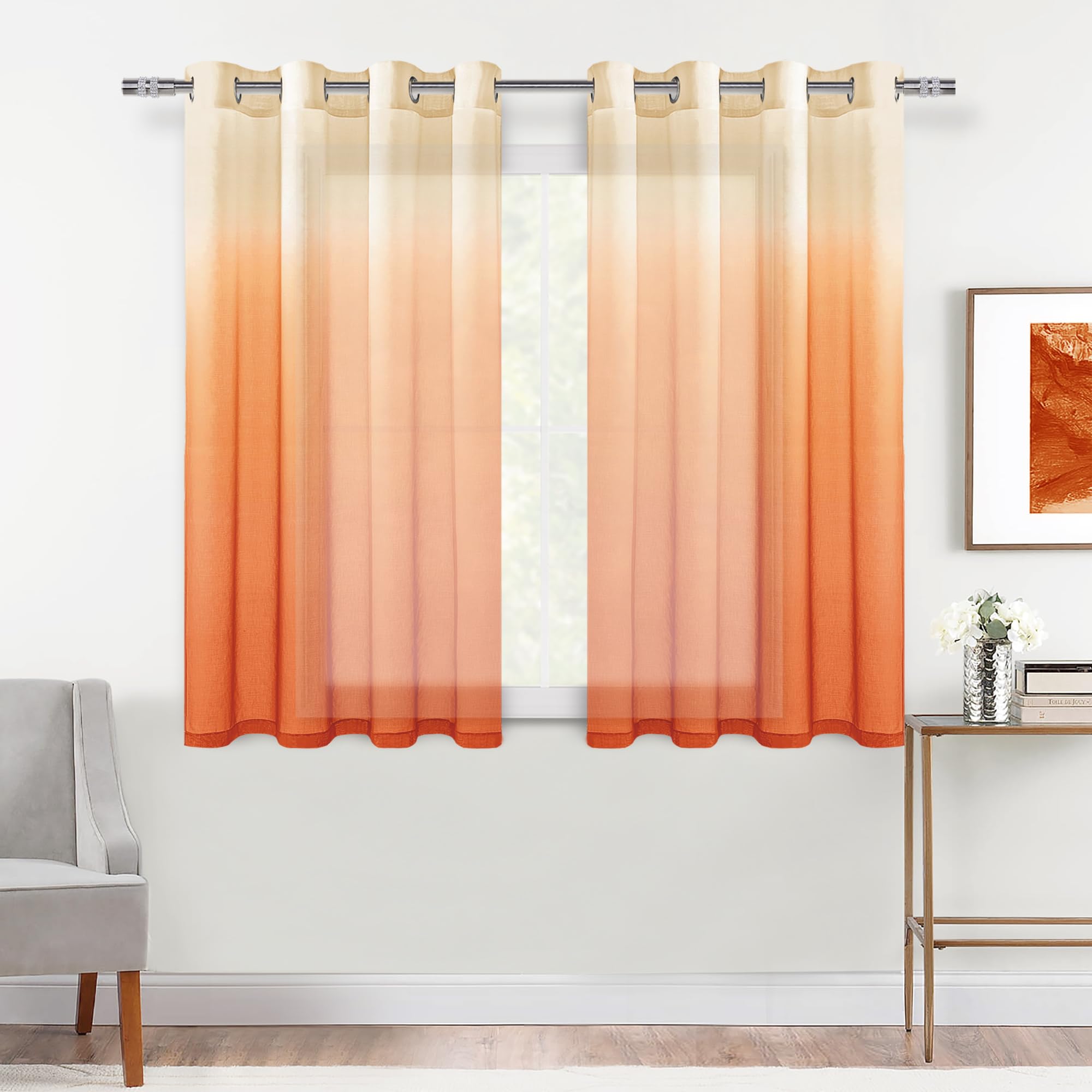 Rideaux semi-voilés orange dégradé pour salon et chambre chaleureuse