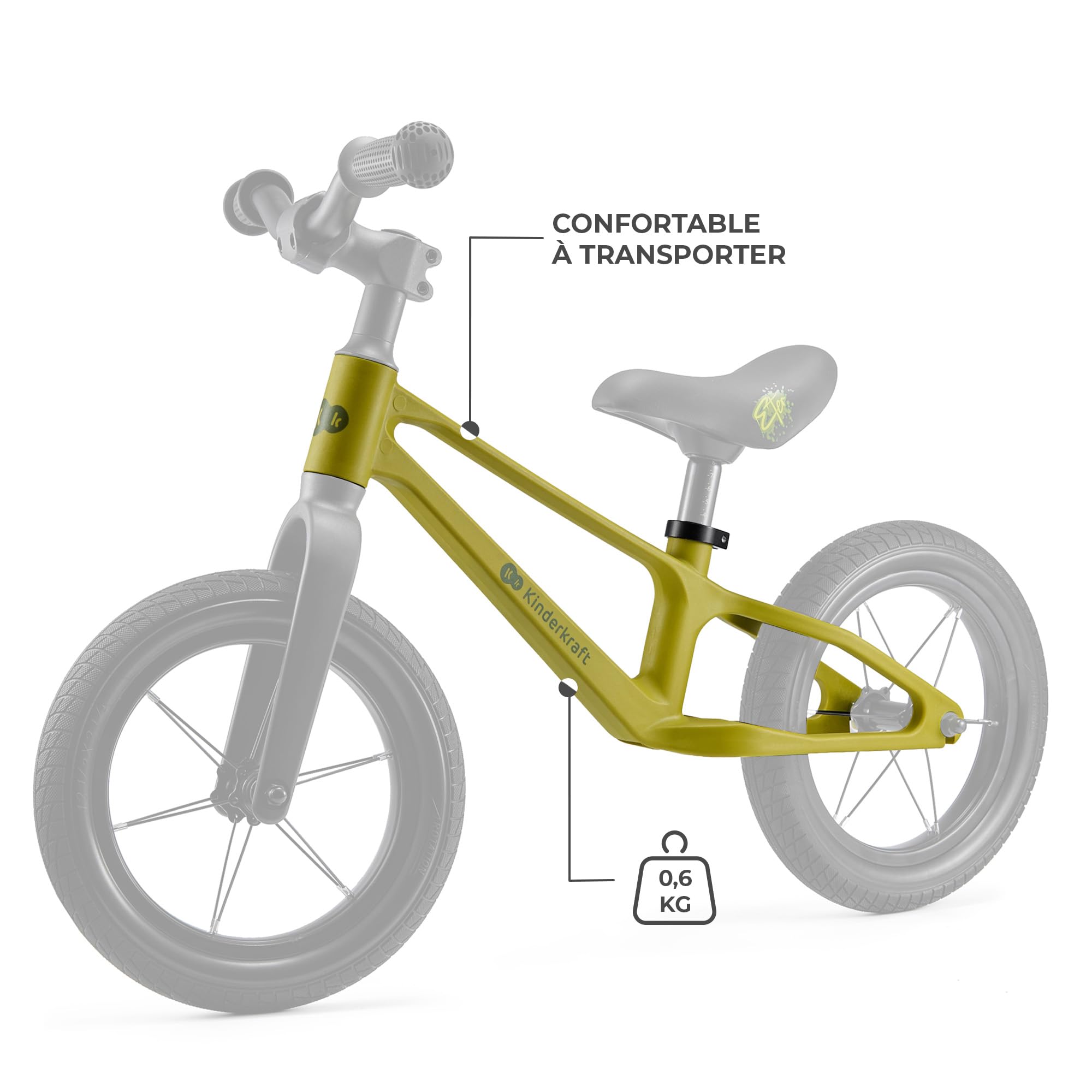 Kinderkraft ETER Draisienne jusqu'à 35 kg, vélo d'apprentissage léger, Roues de 12 ", Cadre en Nylon, Selle réglable en Hauteur, Direction limitée, poignées en Caoutchouc, Design Sportif, limotten