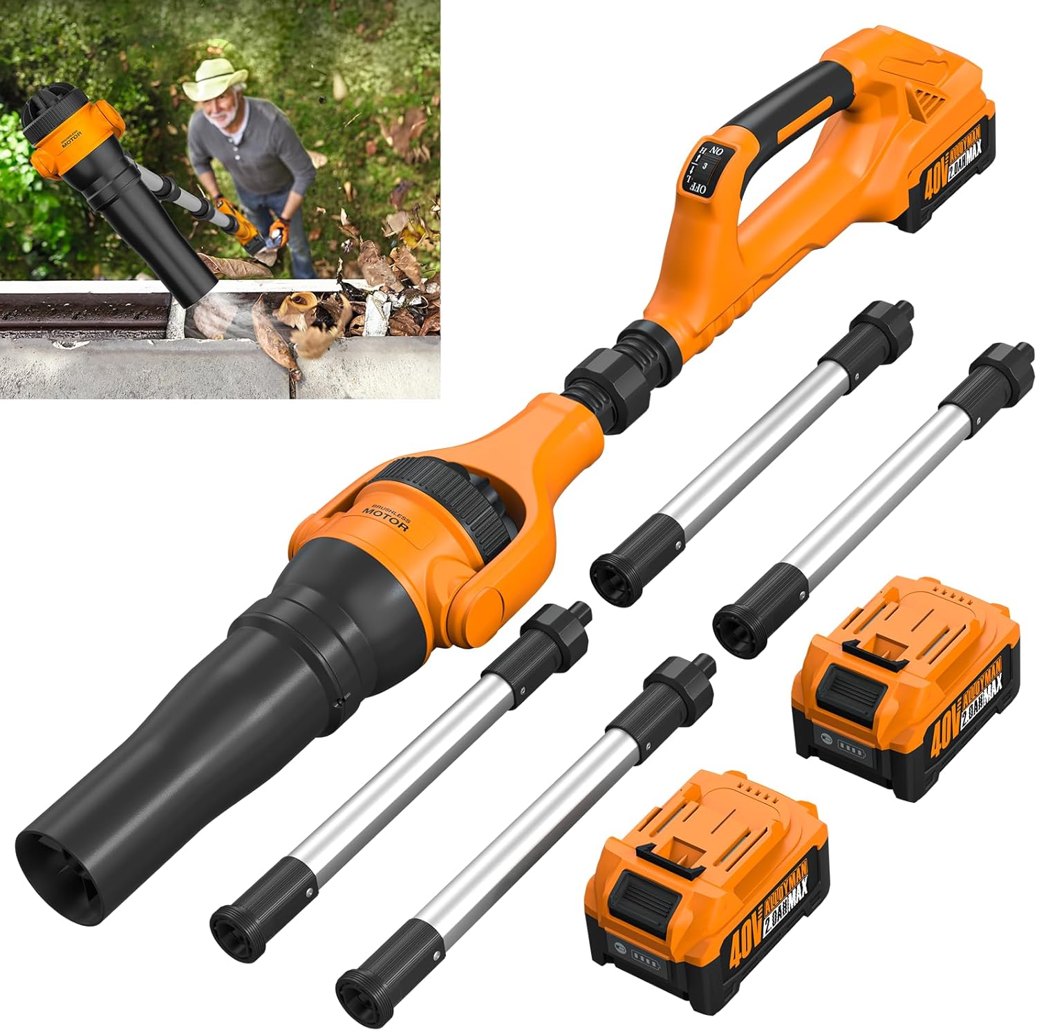 Roof Gutter Cleaning from The Ground, 40V Leaf Blowers Cordless, 580CFM/180MPH with 2 Batteries and Charger, Brushless 2-Speed Motor for Gutter Cleaning Extension Attachment Kit for Garden,House Orange