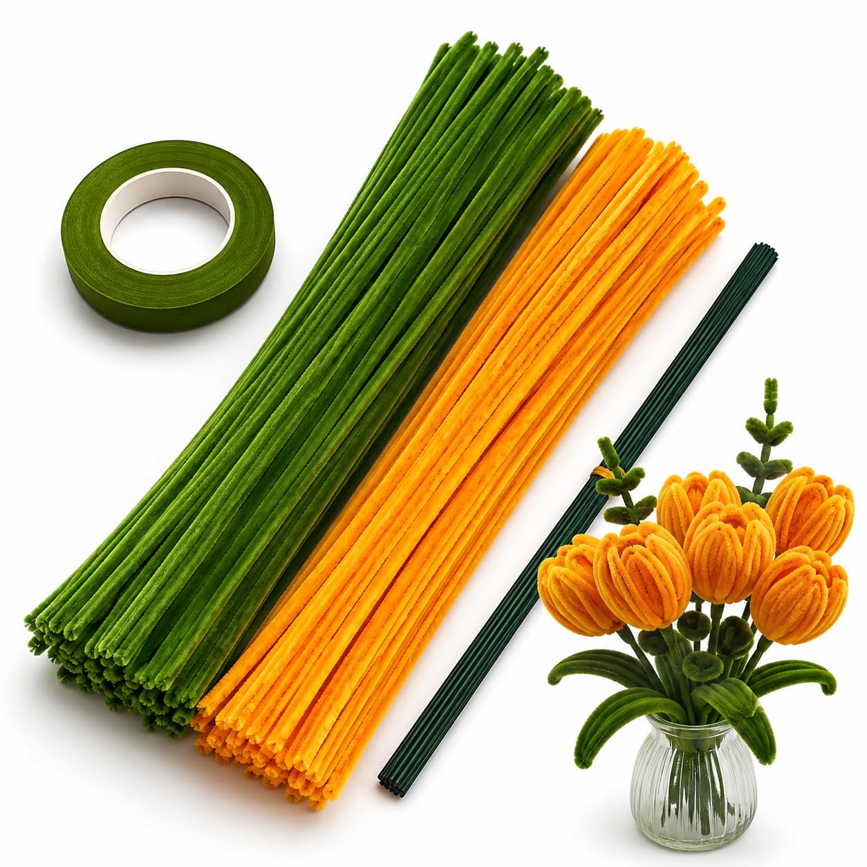 ADOERE 100 Pcs Pastel Multicolor Pipe Cleaners for Craft Flowers - Chenille Stems with Floral Tape & Wire, DIY Art Kit for Kids & Adults (Orange and Olive Green kit)-image-23
