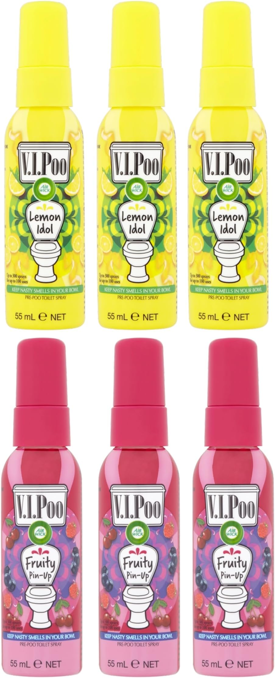 VIPoo Toilet Air Freshener Spray 55ml Fruity & Lemon Pin-Up, 6 Sprays (3 of each scent)