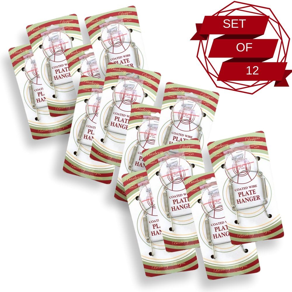 Brass Vinyl Coated Plate Hanger 3.5 to 5 Inch Plate Hanger Set of 12 Hangers - Includes Hanging Hook and Nail