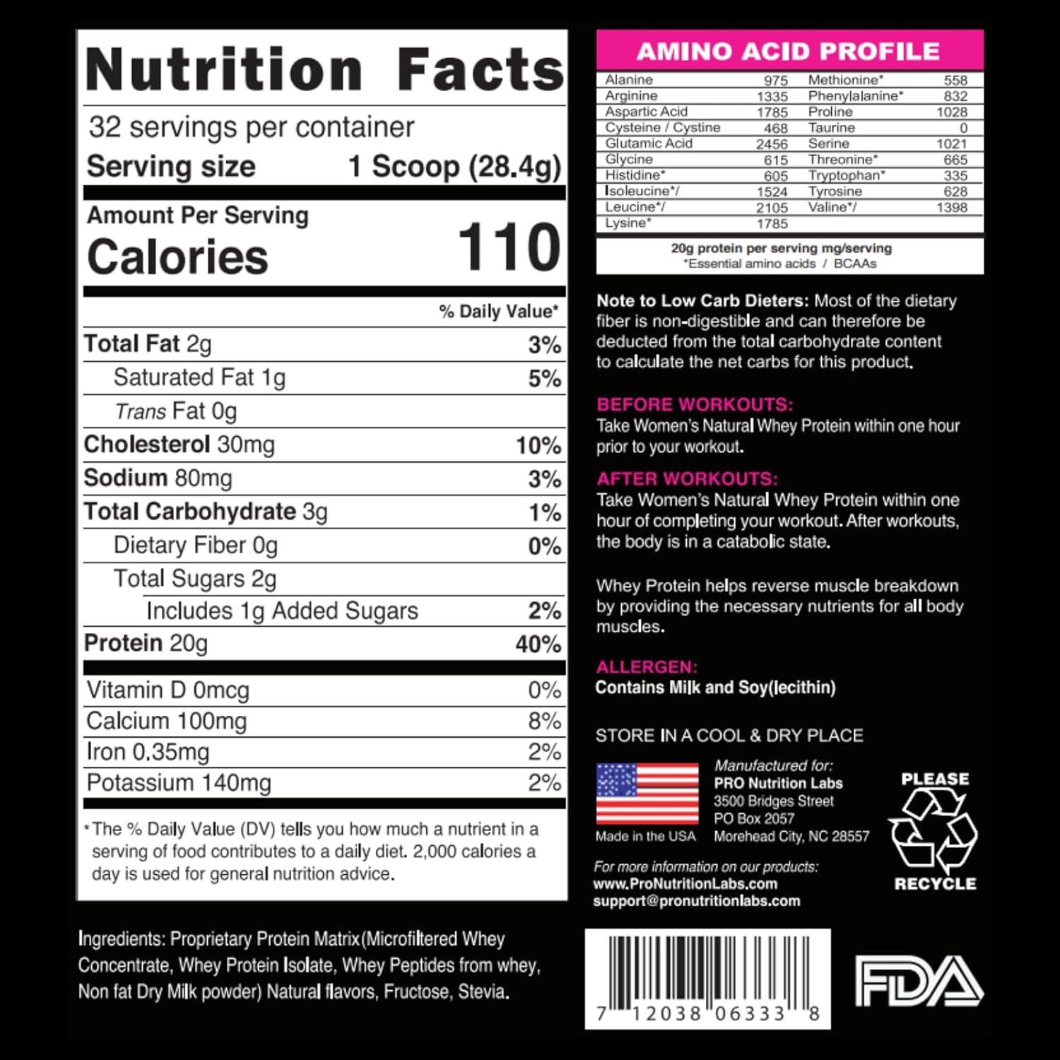 PRO NUTRITION LABS Whey Protein Powder for Women Vanilla Powder - Low Carb Gluten-Free Grass-Fed rBGH-Free - Supports Weight Loss - Natural Stevia Sweetened Protein Shake, 20g (Creamy Vanilla, 2lb)