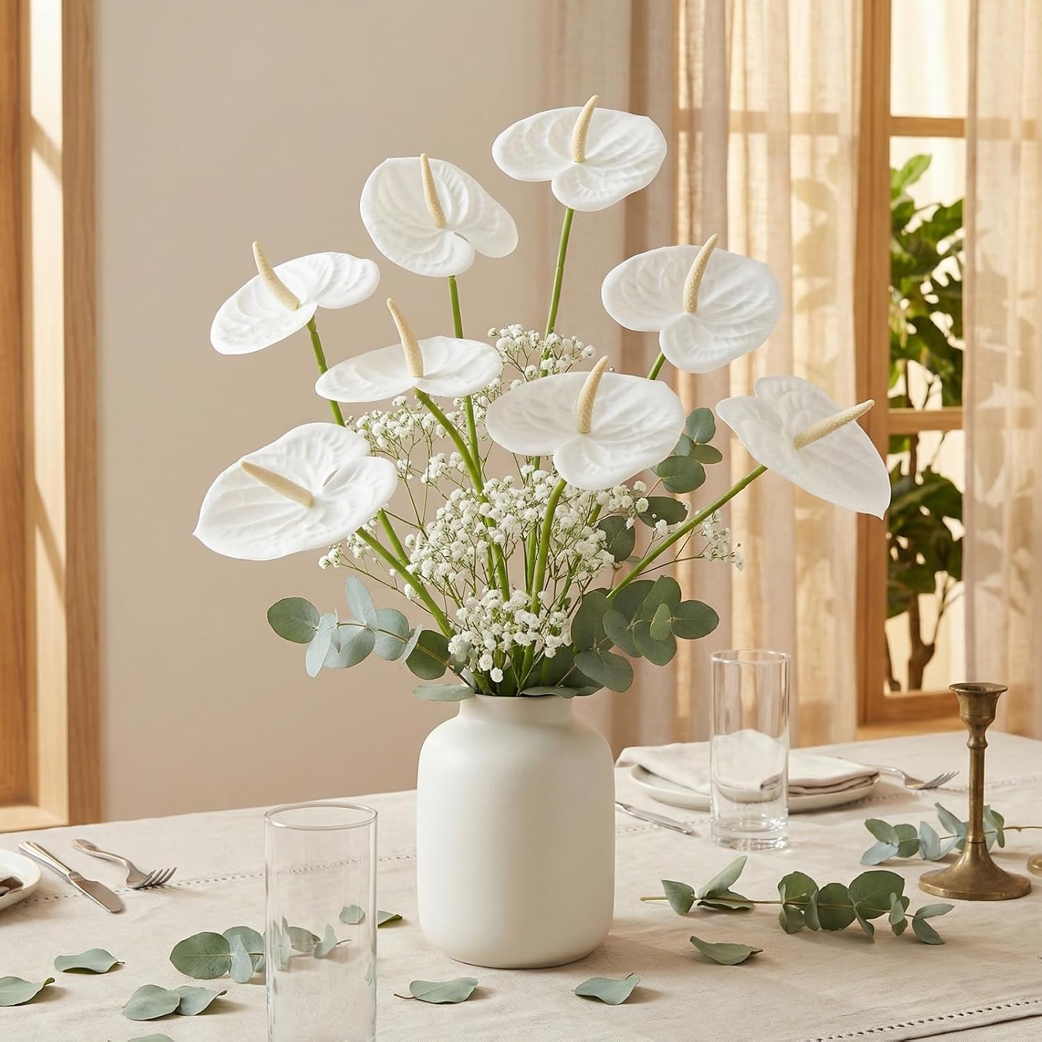 20 Pcs Faux Anthurium Artificial Flowers 23.6 Inch Fake Tropical Flowers for DIY Vase Bouquets Centerpiece Arrangements Wedding Bridal Shower Party Home Décor (White)