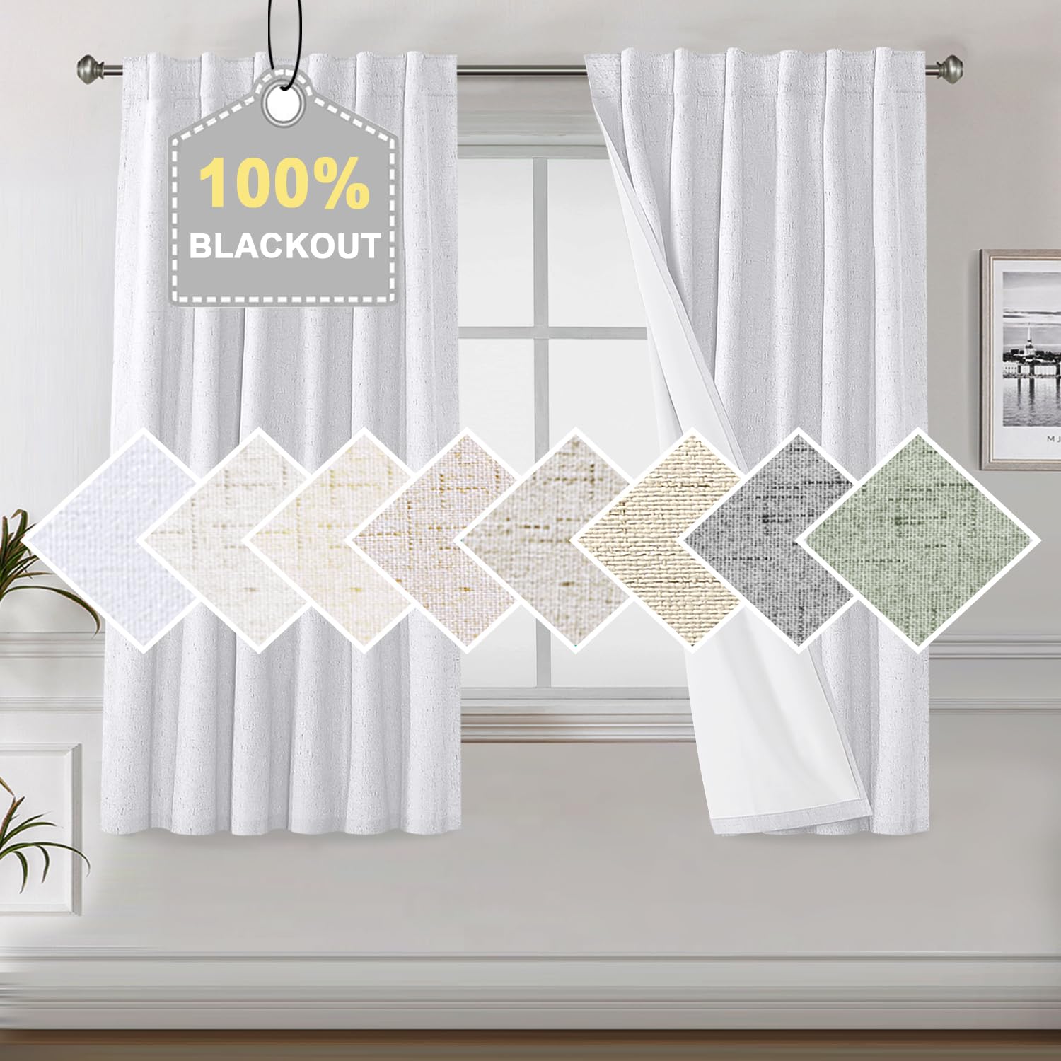 H.VERSAILTEX Pure White 100% Blackout Faux Linen Window Curtain Panels Heat and Full Light Blocking Drapes for Nursery, Back Tab 63 inches Thermal