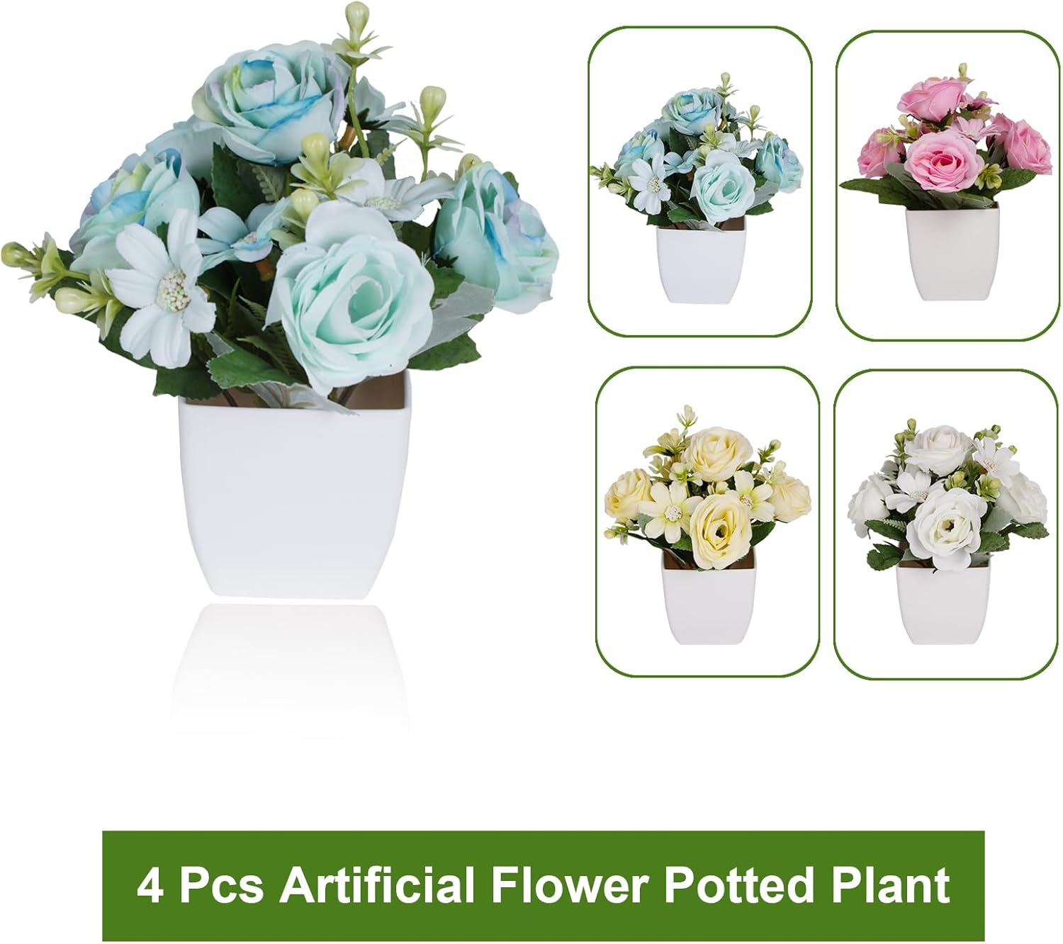 Small Fake Plants 4Packs Artificial Rose Potted Flower Plant for Home Farmhouse Outdoor Decor - Image 3