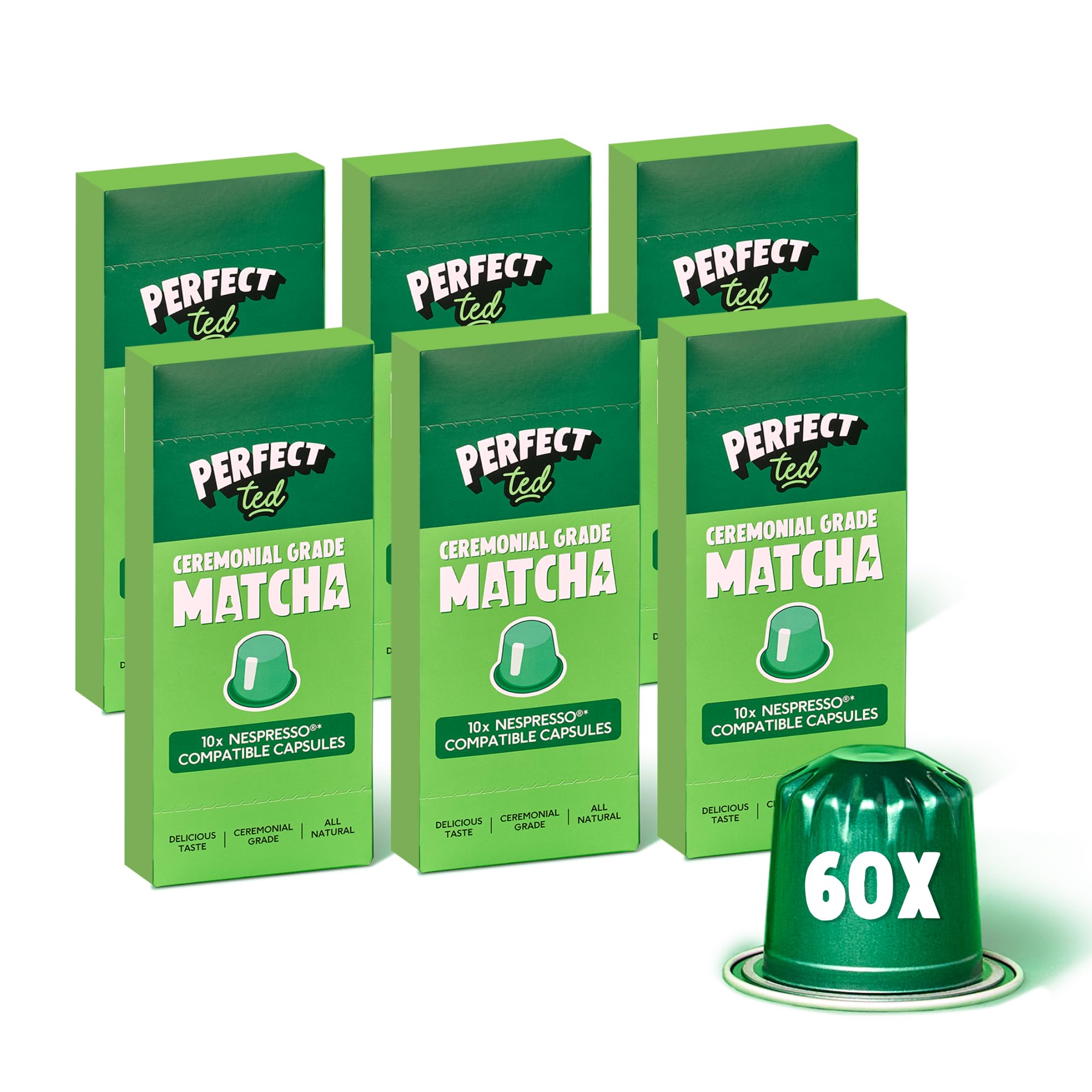 PerfectTed Original Matcha Pods, Ceremonial Grade Japanese, 60 Nespresso Compatible Capsules, Quick & Easy Hot or Iced Lattes | with L-Theanine | Contains Caffeine | Vegan