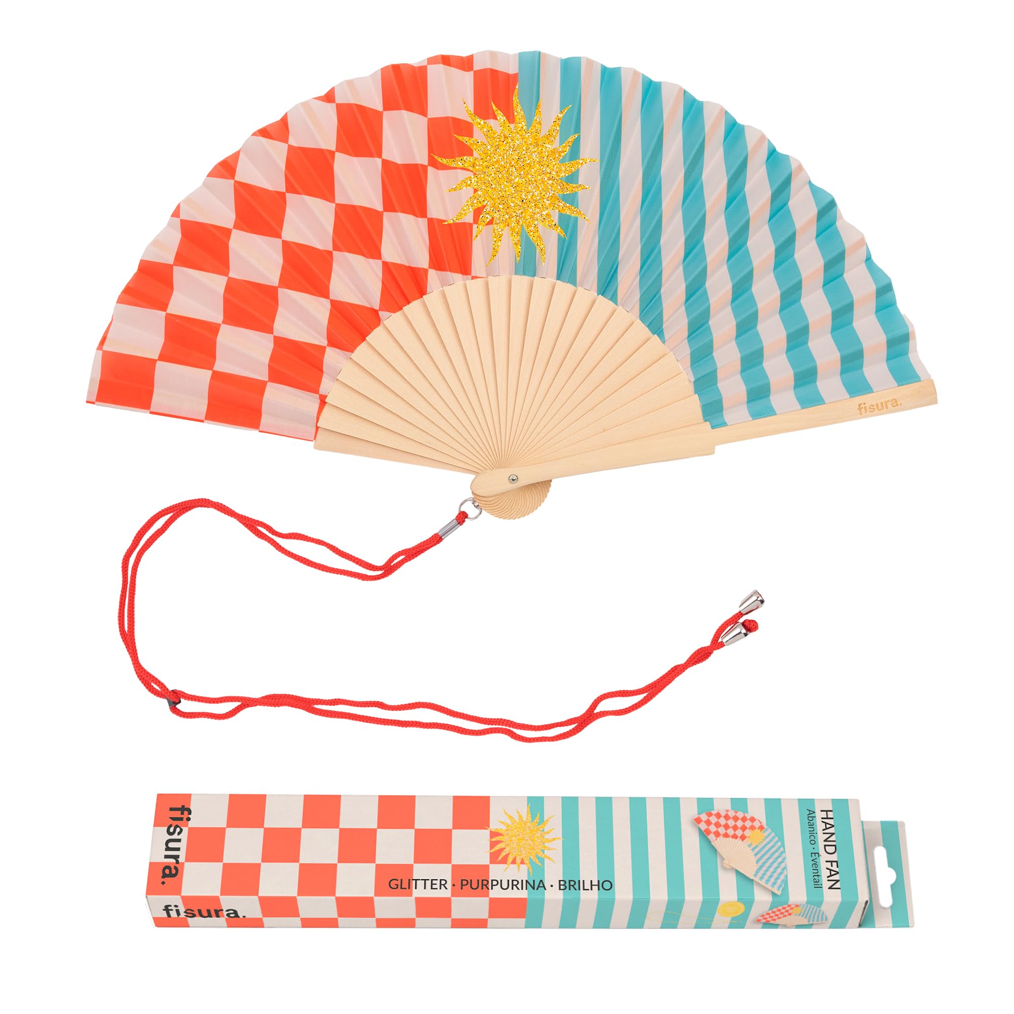 Fisura – Original Sun Print Folding Fan, Modern and Colourful Folding Handheld Fan, Multicolour Glitter Design for Wedding, Rave, Festival - Includes Strap. Size: 42.5 x 23 cm
