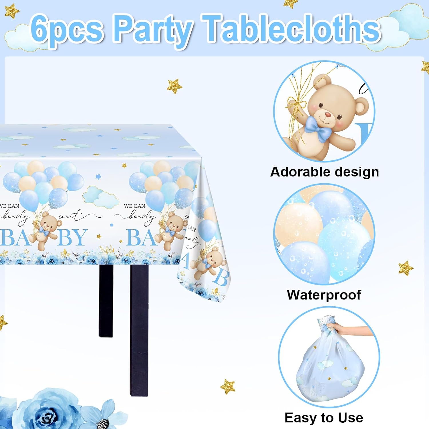 Avezano 6 Pcs Bear Baby Shower Tablecloth We Can Bearly Wait Table Cloths Blue Bear Baby Shower Decorations 108 x 54 Inch