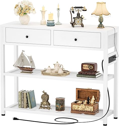 Ecoprsio Mesa de entrada con salidas y puertos USB, mesa consola con 2 cajones, mesa de sofá pequeña con estantes de almacenamiento para sala de