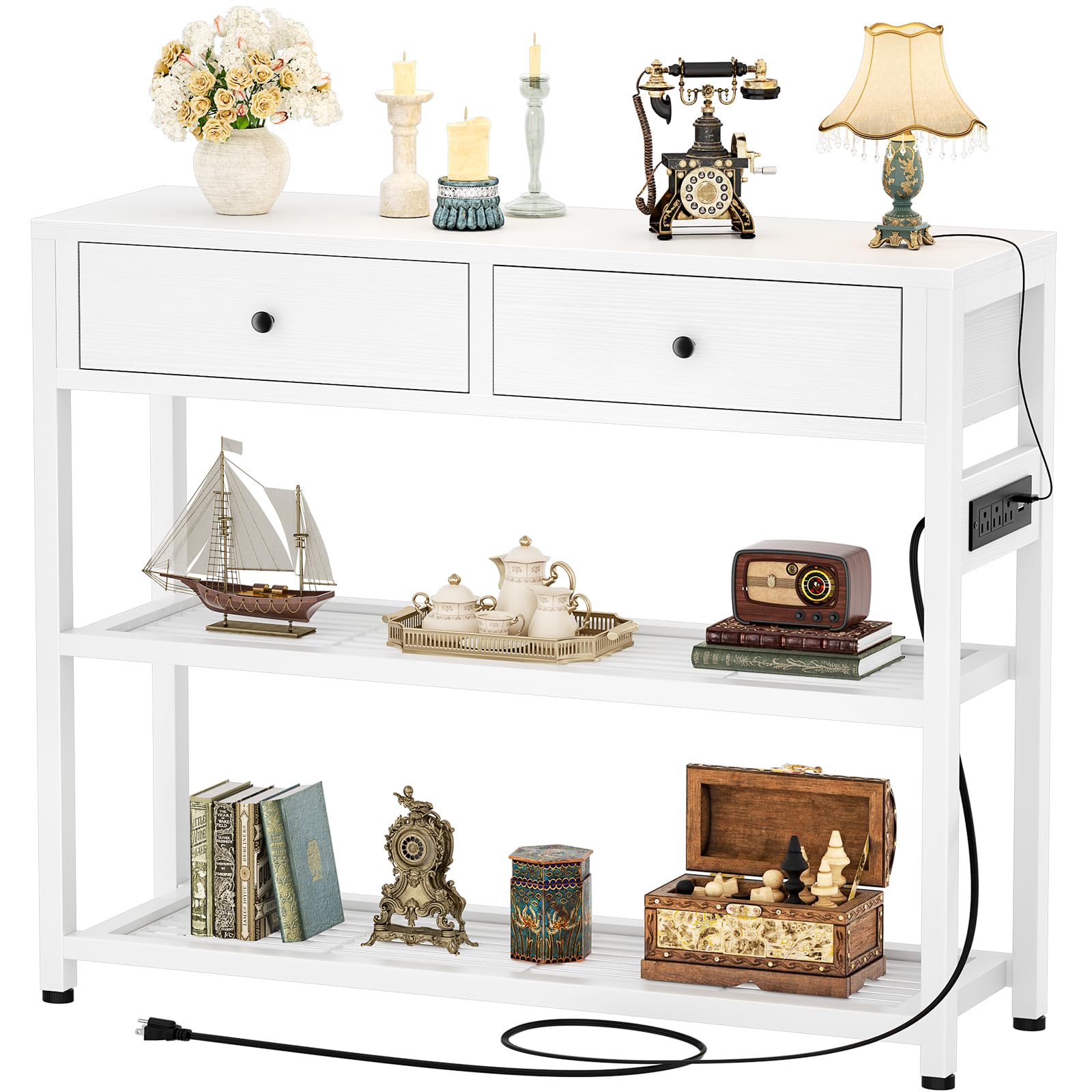 Ecoprsio Entryway Table with Outlets and USB Ports, Console Table with 2 Drawers, Small Sofa Table with Storage Shelves for Living Room, Couch,