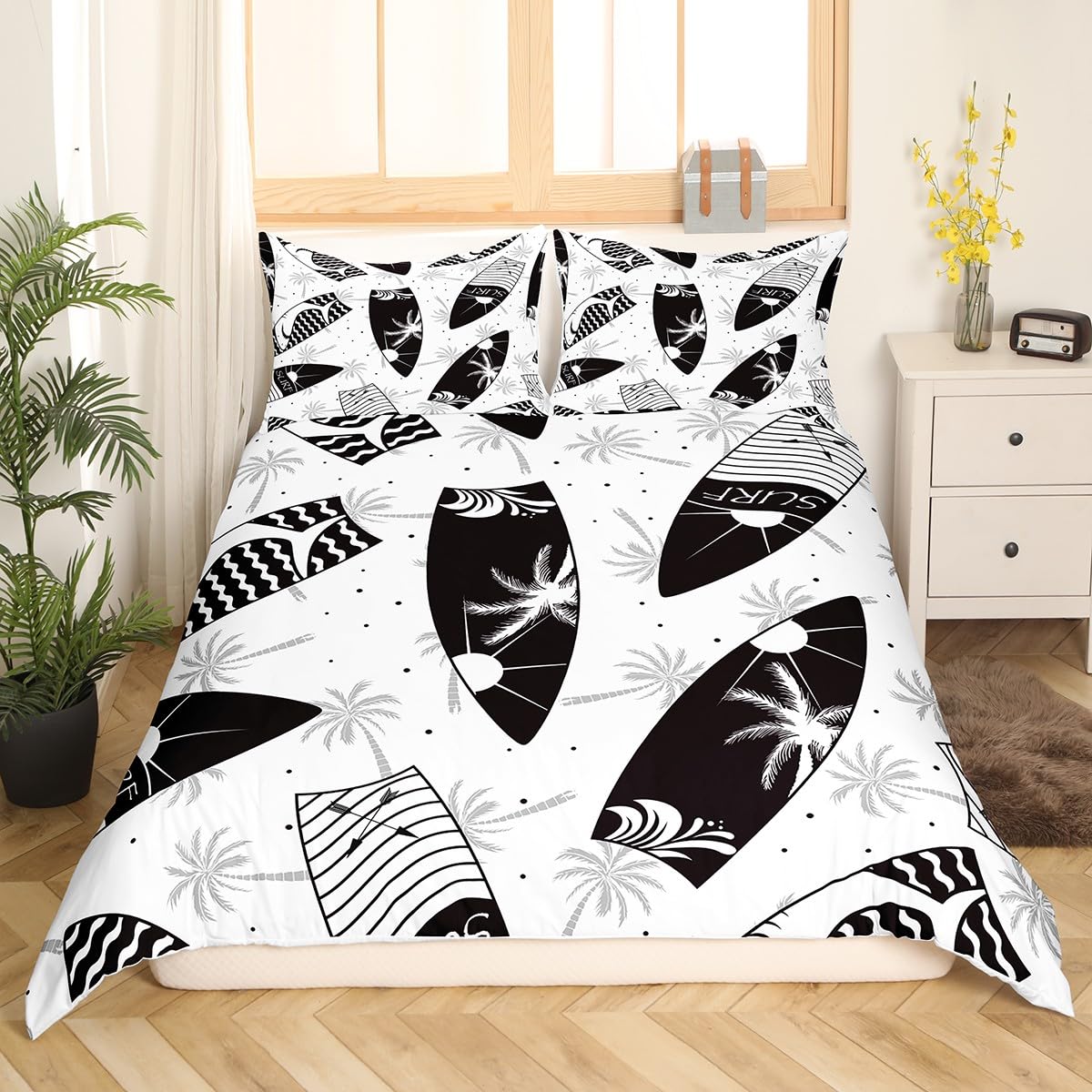 Manfei Summer Beach Duvet Cover Set Double Size, Black White Surfboards Comforter Cover with 2 Pillowcases - Image 3
