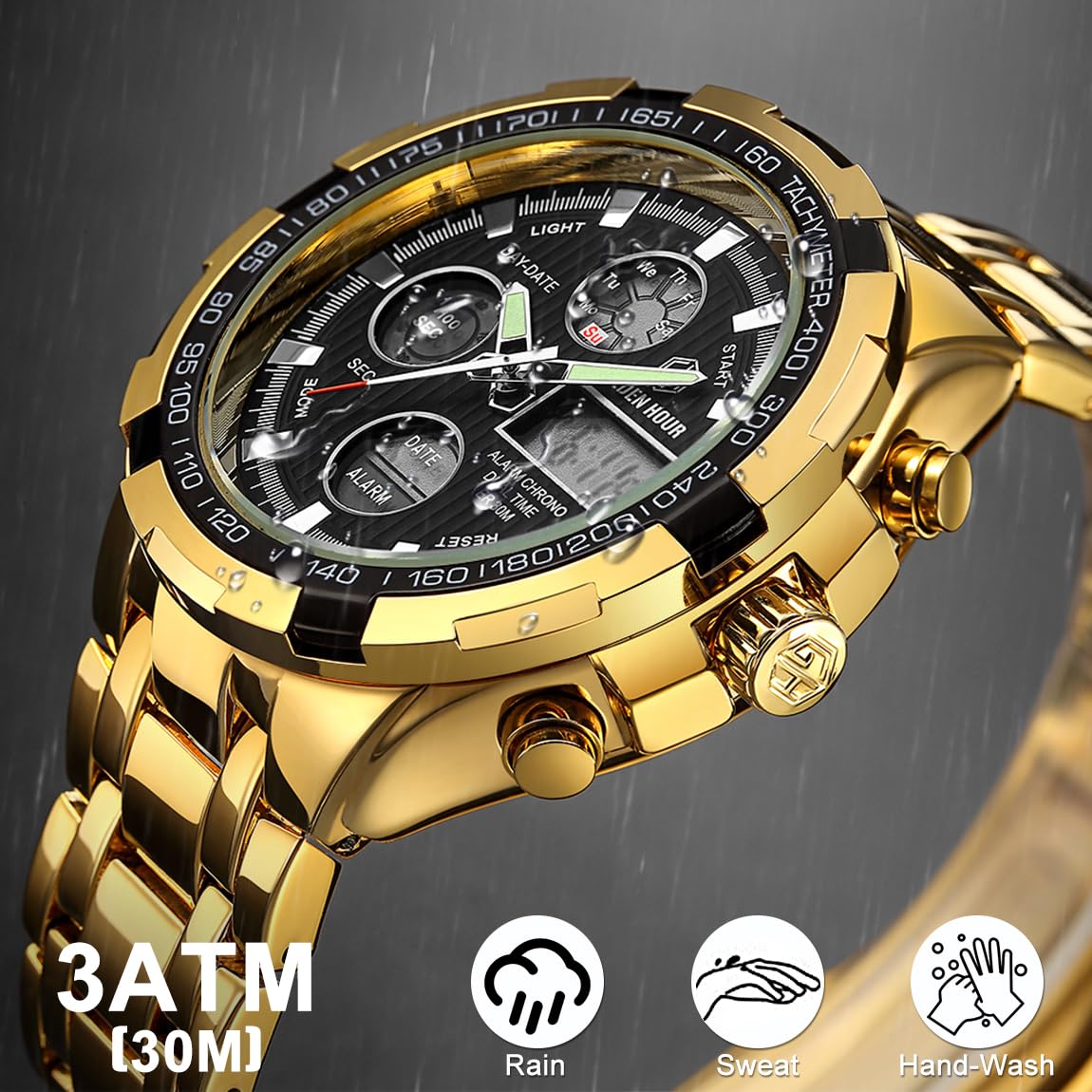 Affute Reloj Deportivo de Pulsera analógico y Digital de Cuarzo para Hombre, cronógrafo, Esfera Grande, Acero Inoxidable, Resistente al Agua