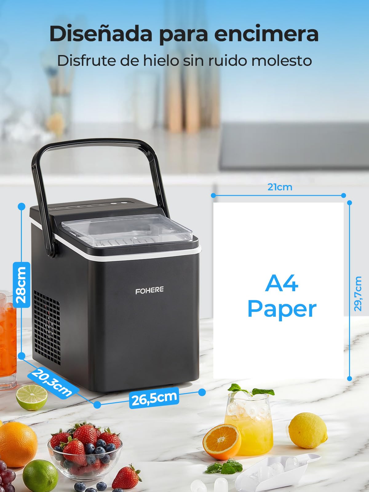FOHERE Macchina Ghiaccio con Maniglia Portatile, 14kg/24h, 9 Cubetti Bullet in 5 Minuti, 2 Dimensioni, Autopulente, con Paletta & Cestello – Ideale per Casa Cucina Ufficio Camper Camping