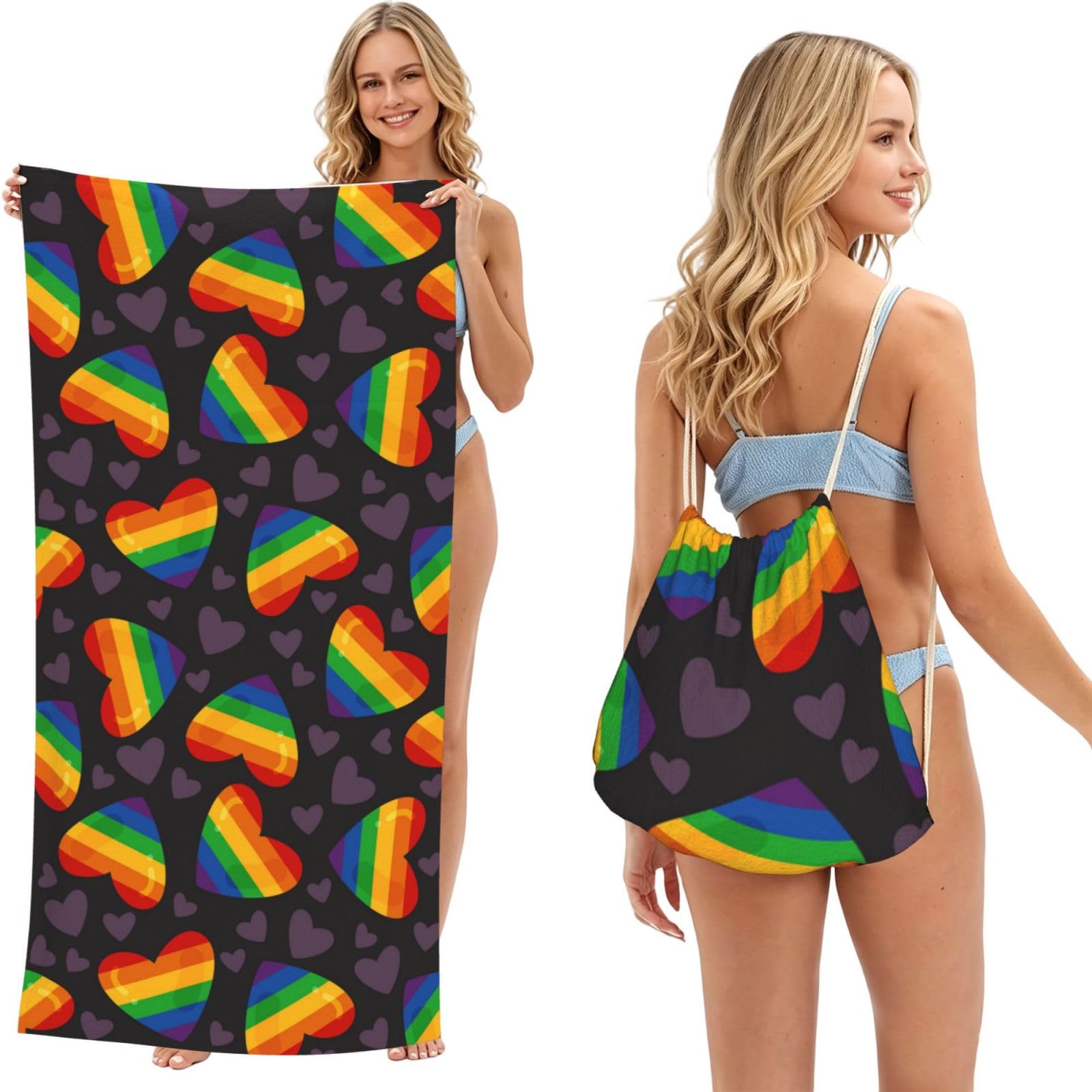 Poadnly As Picture Lgbt Pride Gay Rainbow Heart, 2 In 1 Packable Towel Bag, Beach Towels With Drawstring Backpack For Travel Holiday Camping