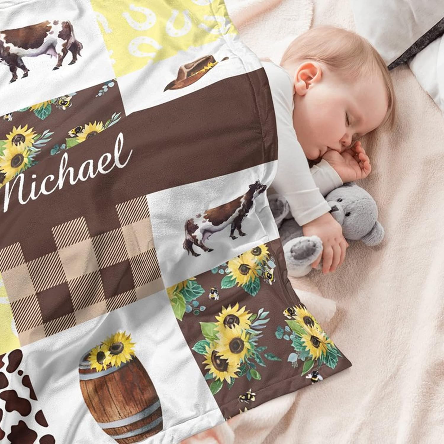 Personalized Crib Bedding Sets for Baby Boy, Custom Girl Set with Name, Farm Cow Nursery Bedding, 2 Piece Set, Name West Comforter, Fitted Sheets Babies