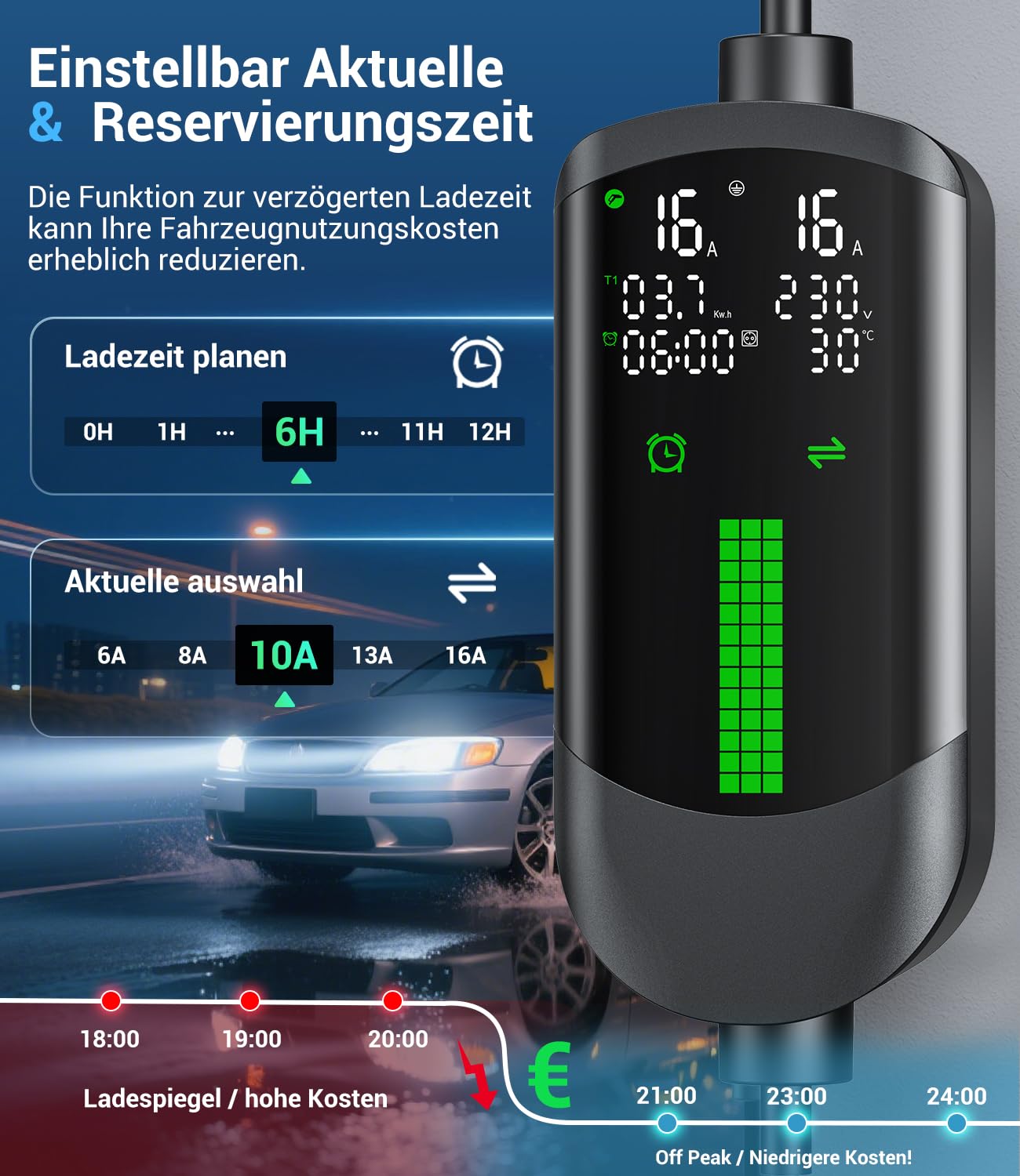 Typ 2 Ladekabel Schuko 3,7kW - 7m|6-16A|1-phasig Tragbare Ladekabel Auto, Einstellbarer Ladeleistung, Einstellung Startzeit, LCD-Anzeige, IP65 Wasserdicht, für Allen EVs(IEC 62196-2) & PHEVS