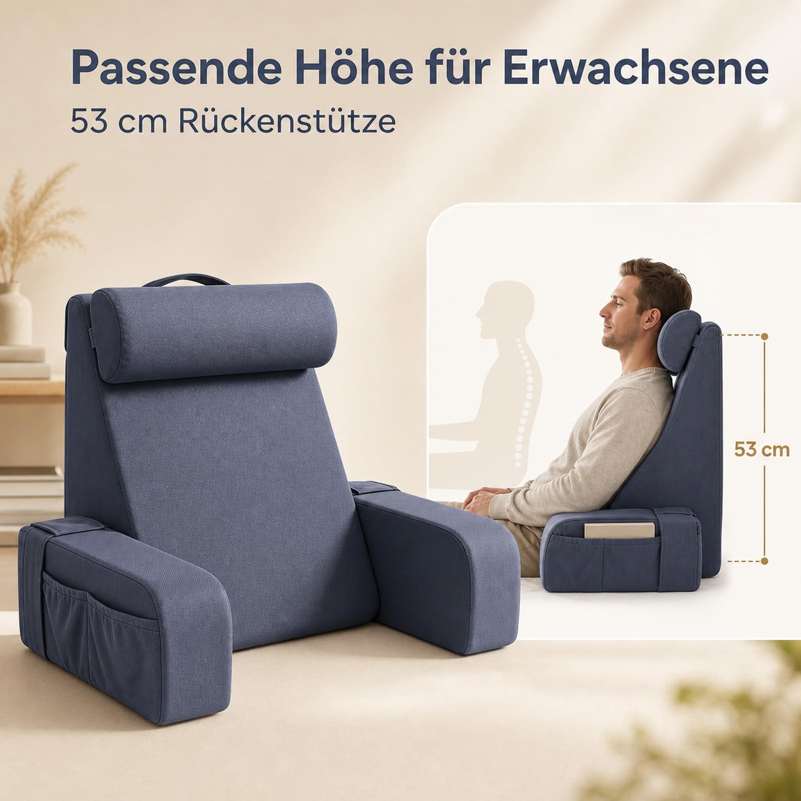 Lesekissen für Bett und Sofa, Ergonomisches Rückenkissen mit kühlendem Eisseide-Bezug, Memoryschaum, Verstellbarer Rückenstütze und abnehmbaren Armlehnen, großes Keilkissen zum Lesen 50cm