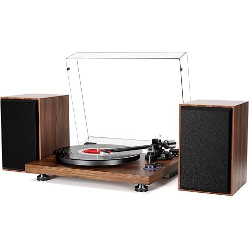Bluetooth Turntable HiFi System with 36 Watt Bookshelf Speakers, Patend Designed Vinyl Record Player with Magnetic Cartridge, Bluetooth Playback and Auto Off