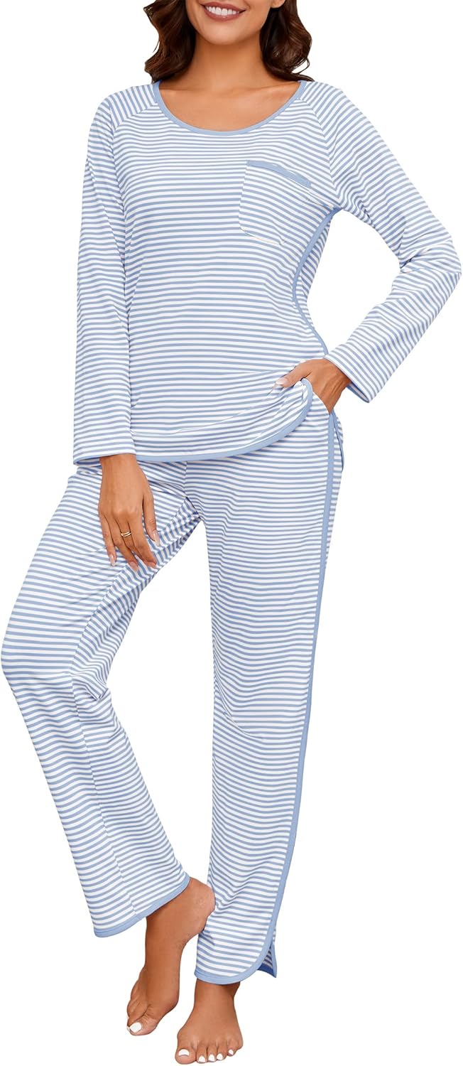 Womens Cotton Pajama Sets Stripe 2 Piece Lounge Set Long Sleeve Comfy Pj Sets Fall Loungewear Sleepwear with Pockets